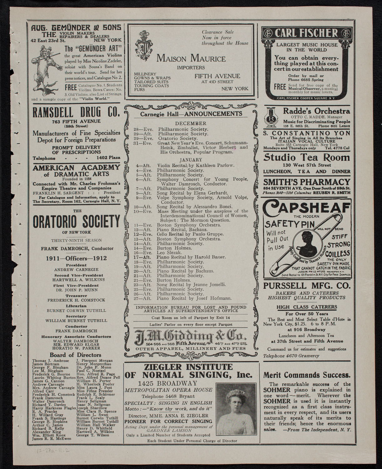 Oratorio Society of New York, December 27, 1911, program page 3