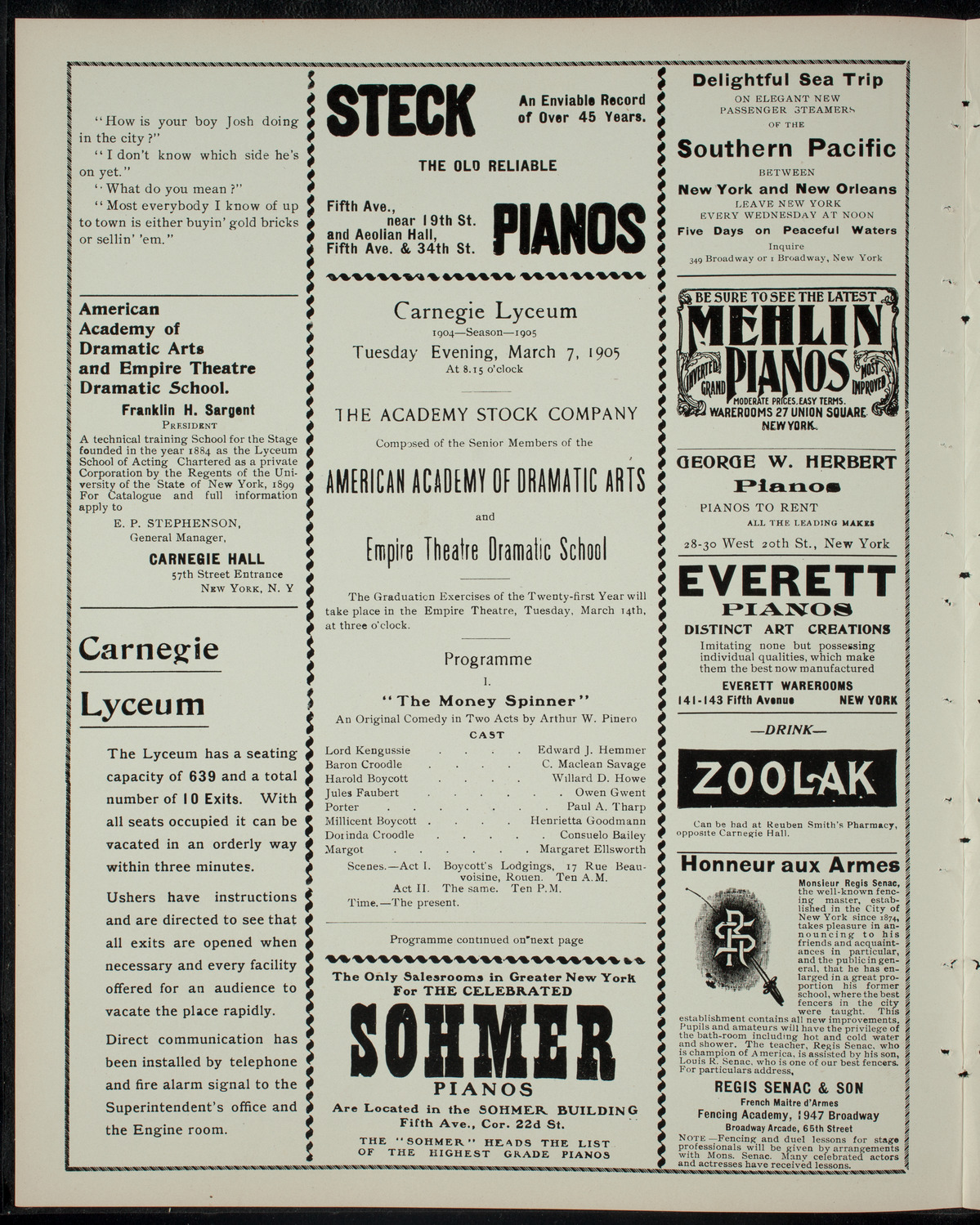 Academy Stock Company of the American Academy of Dramatic Arts/Empire Theatre Dramatic School, March 7, 1905, program page 2