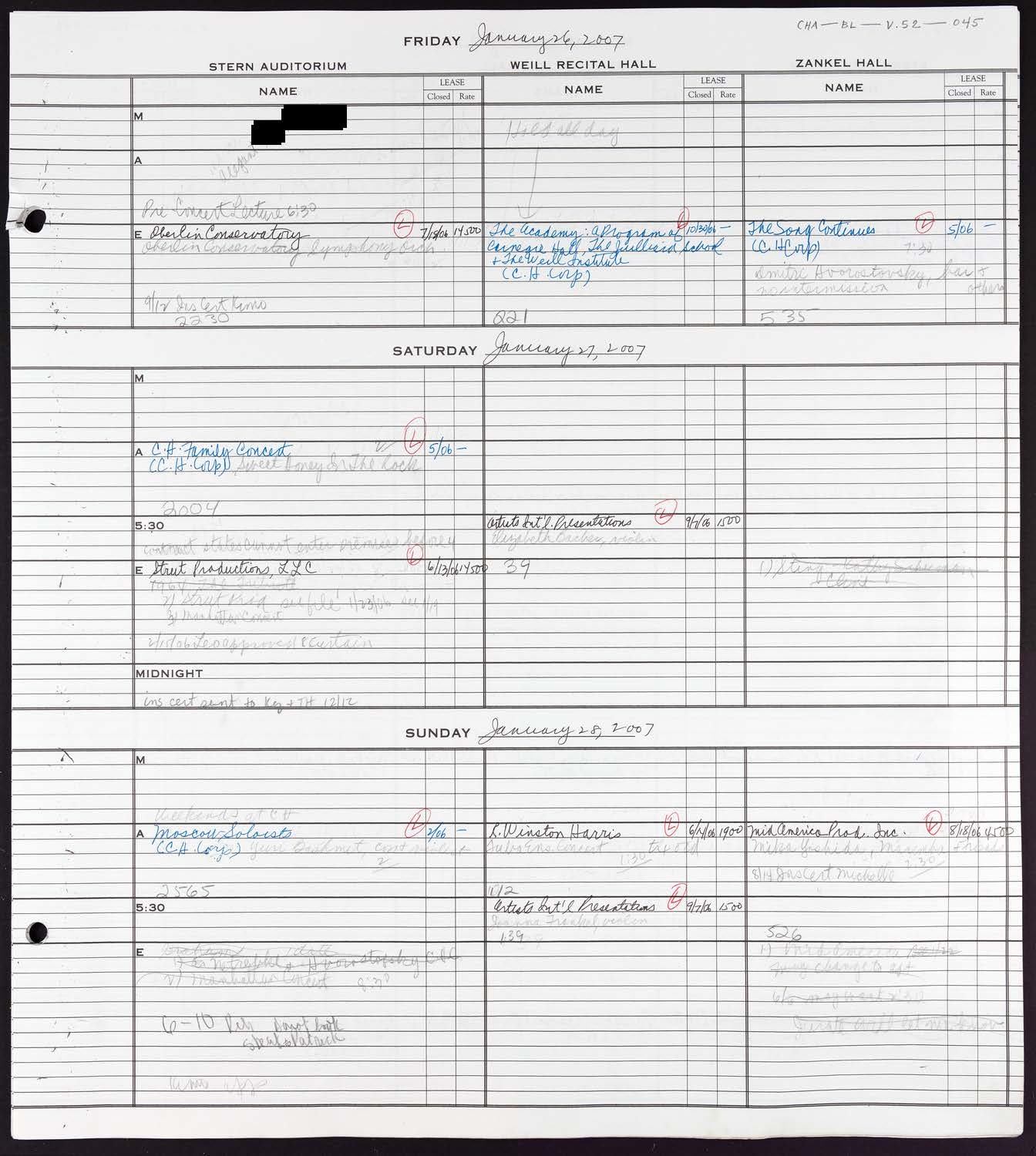 Carnegie Hall Booking Ledger, volume 52, page 45