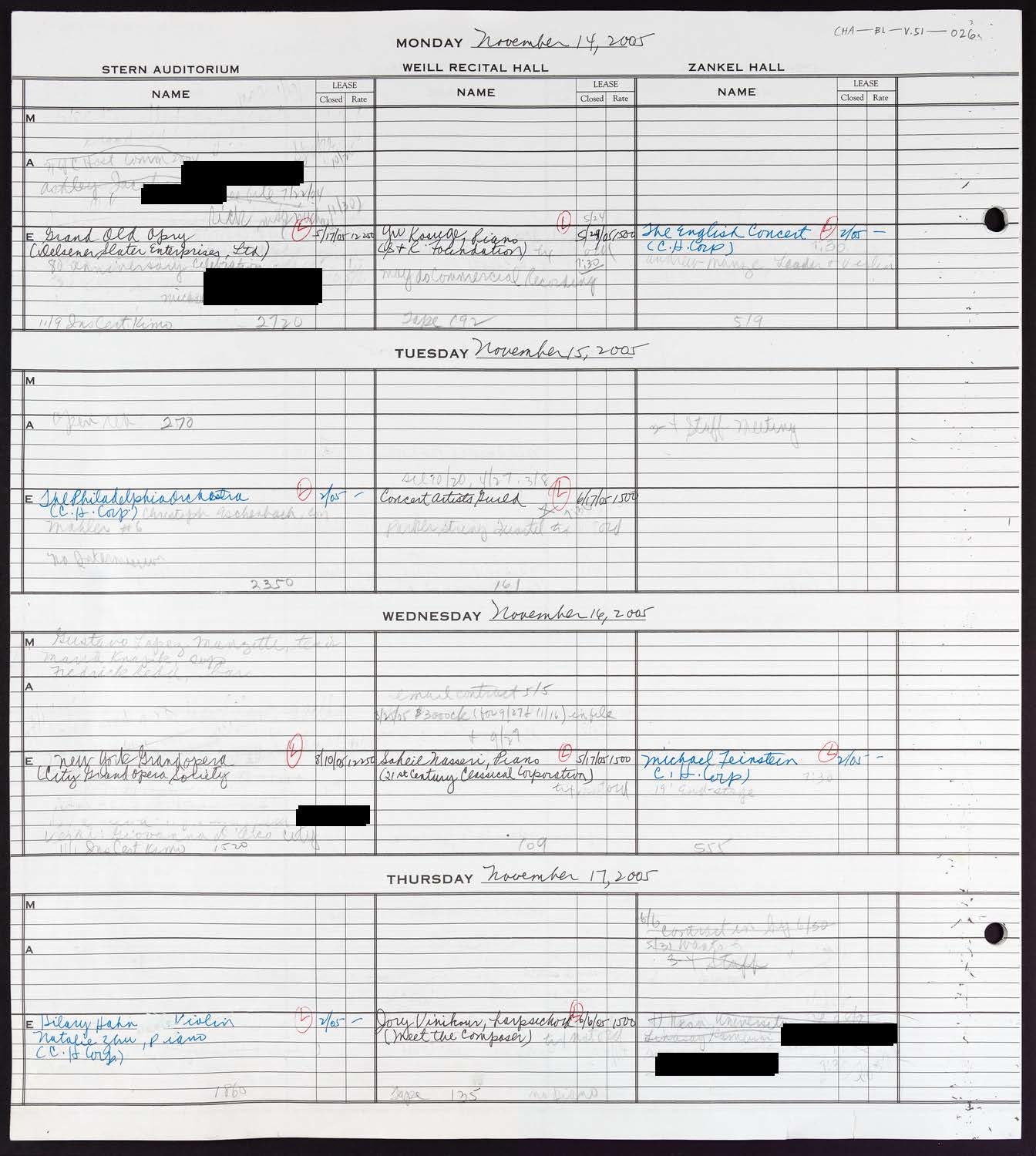 Carnegie Hall Booking Ledger, volume 51, page 26