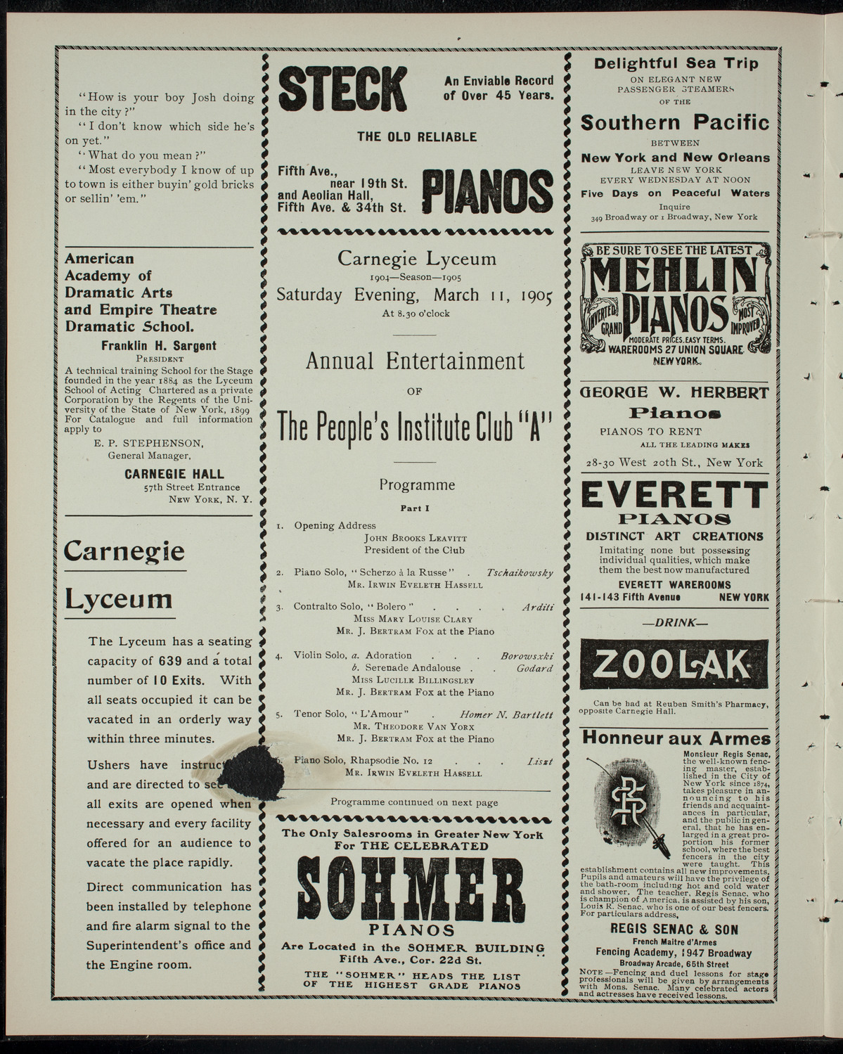 The People's Institute Club "A", March 11, 1905, program page 2