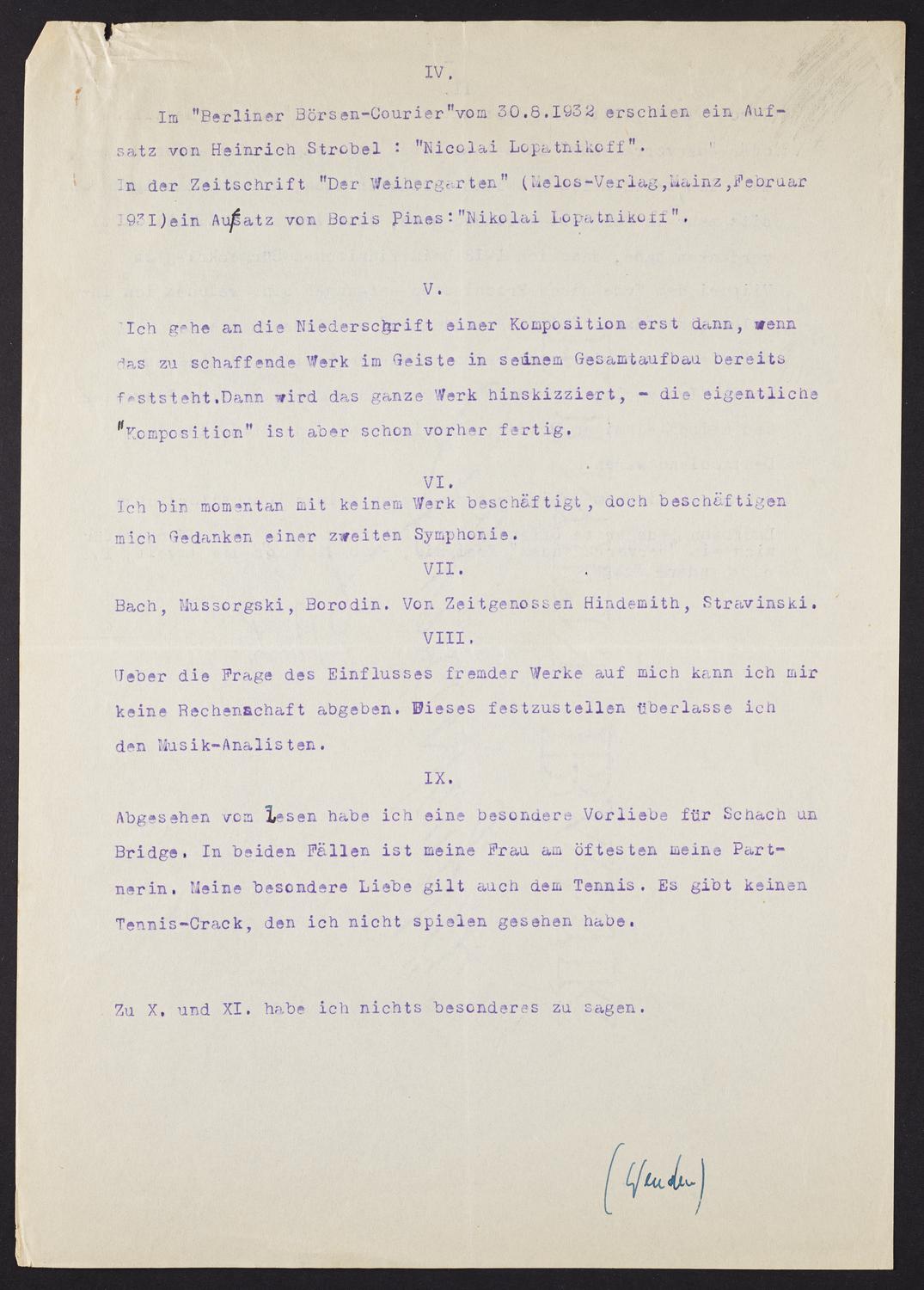 Correspondence from Nikolai Lopatnikoff to David Ewen, page 4 of 5