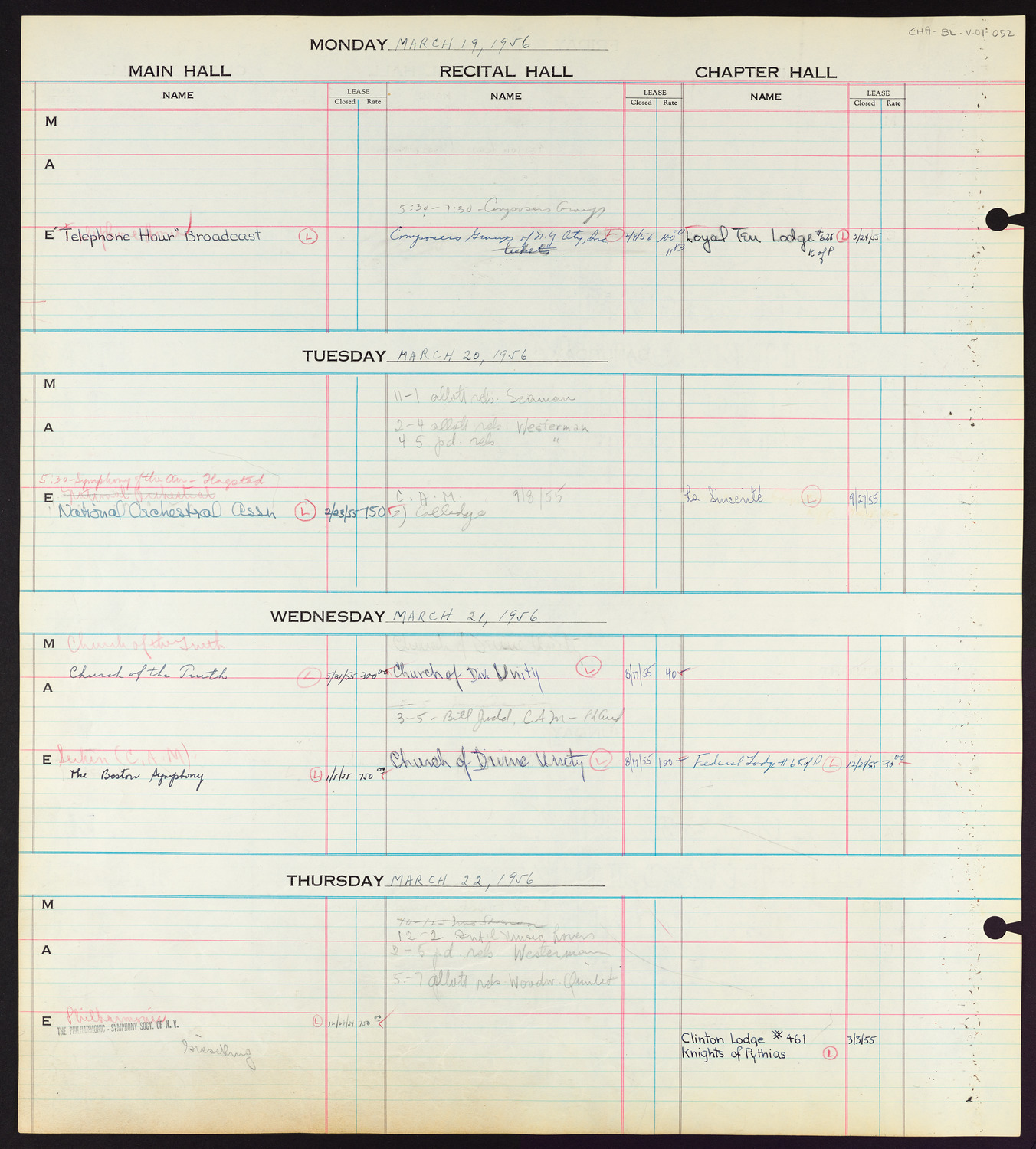 Carnegie Hall Booking Ledger, volume 1, page 52