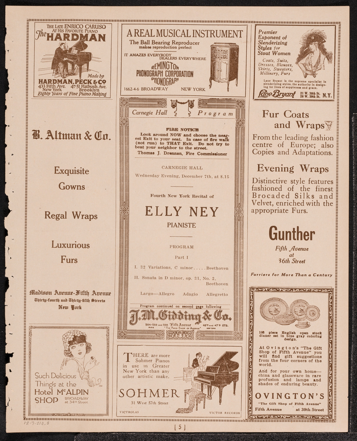 Elly Ney, Piano, December 7, 1921, program page 5