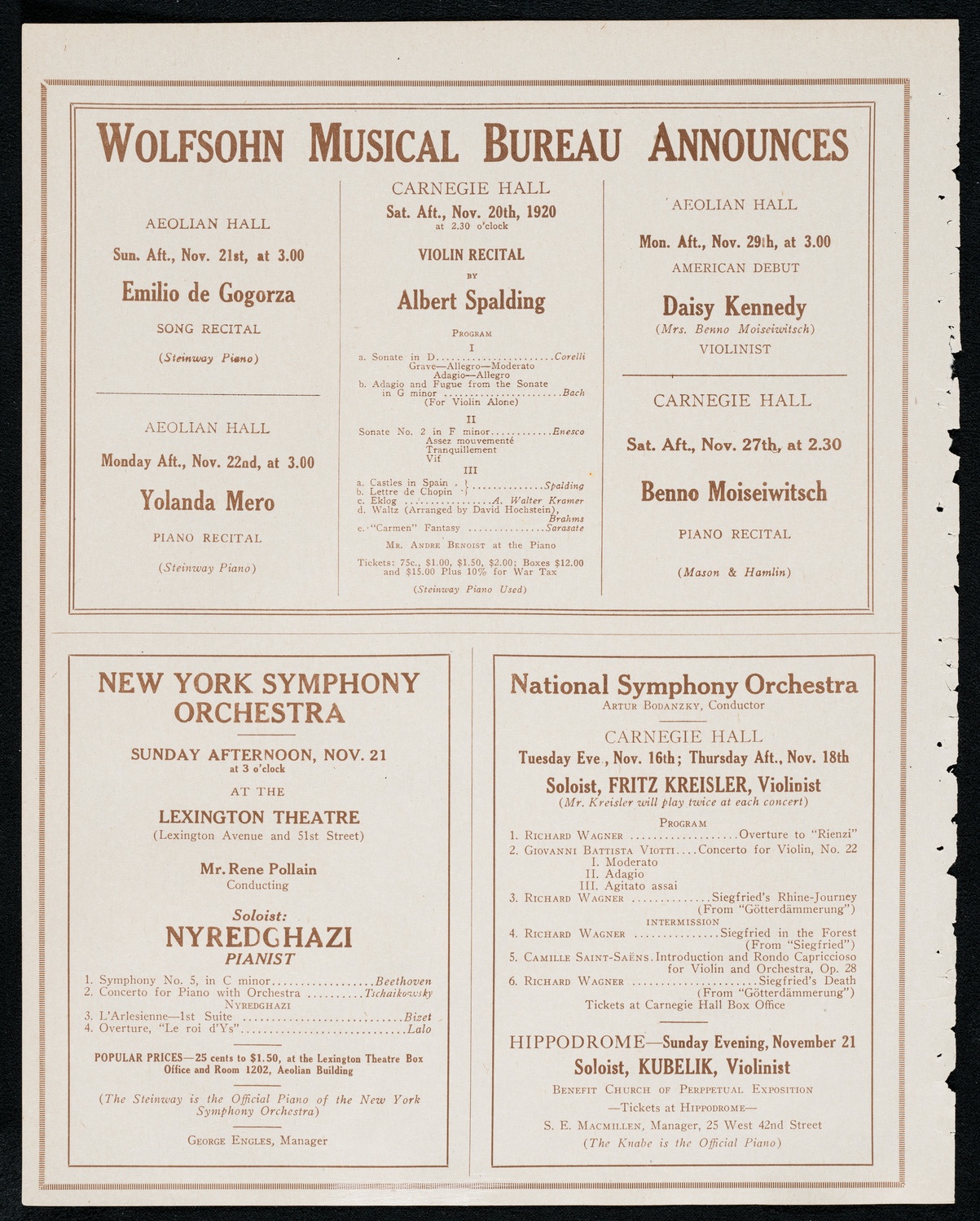 Joan Manén, Violin, November 16, 1920, program page 8