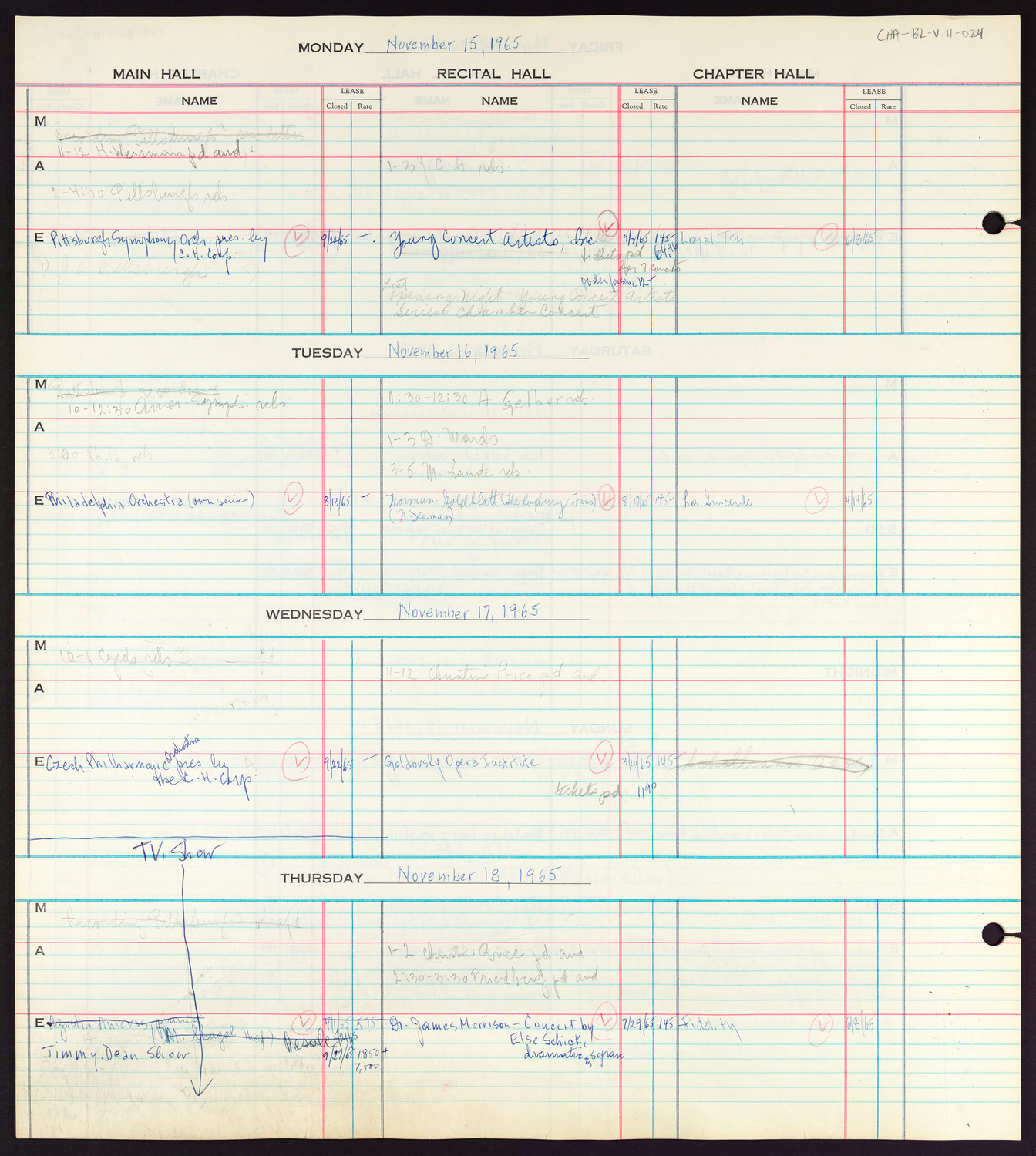 Carnegie Hall Booking Ledger, volume 11, page 24