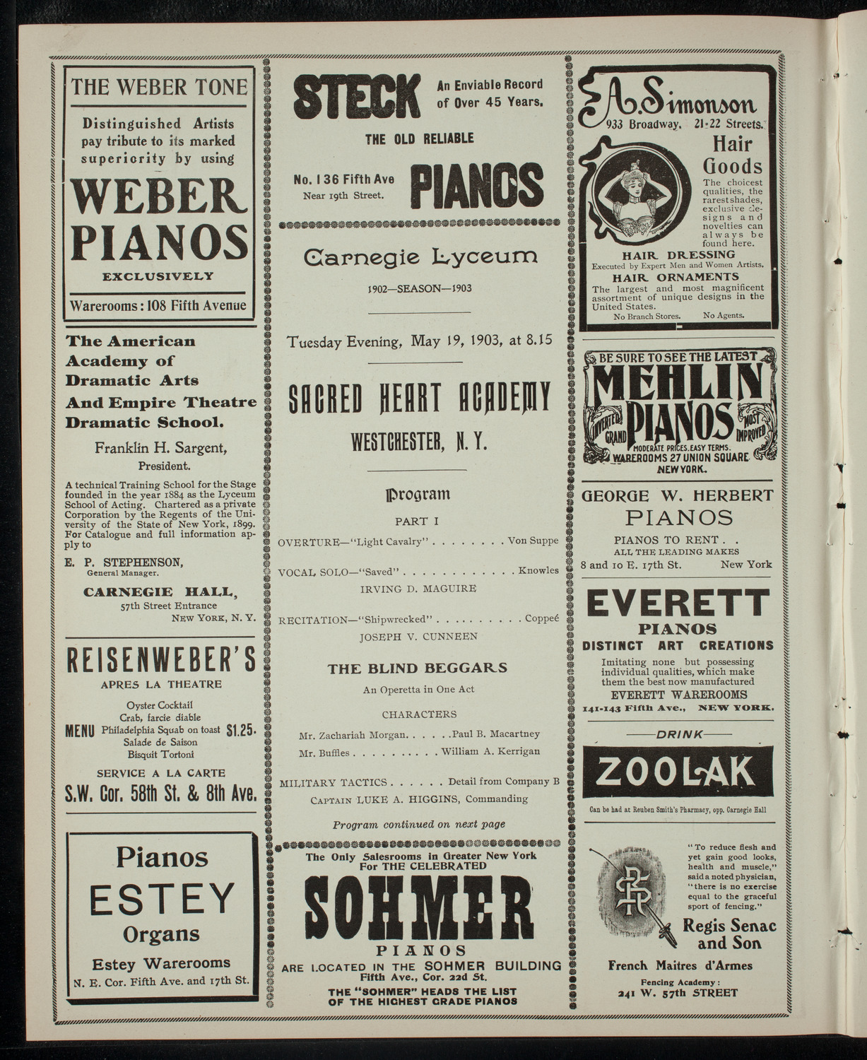 Sacred Heart Academy Theatrical Program, May 19, 1903, program page 2