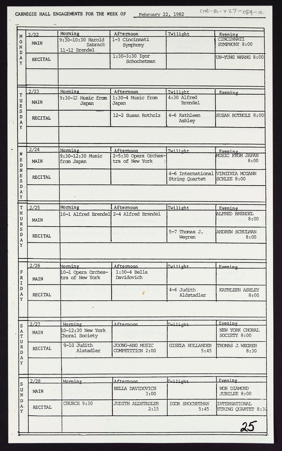 Carnegie Hall Booking Ledger, volume 27, page 54a