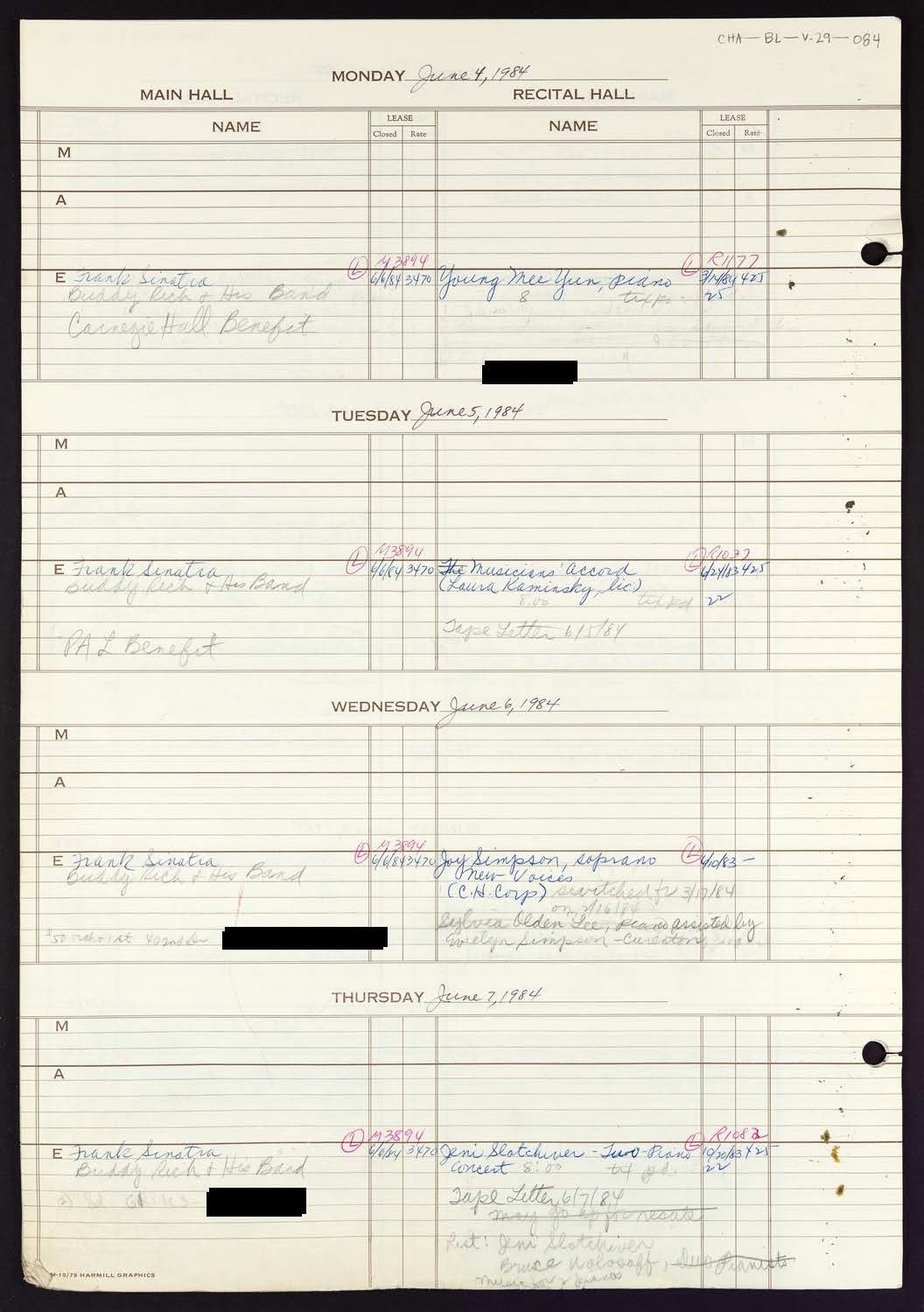 Carnegie Hall Booking Ledger, volume 29, page 84