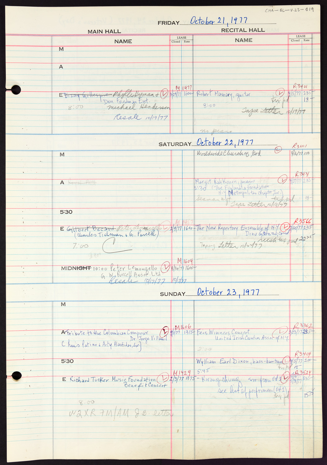 Carnegie Hall Booking Ledger, volume 23, page 19