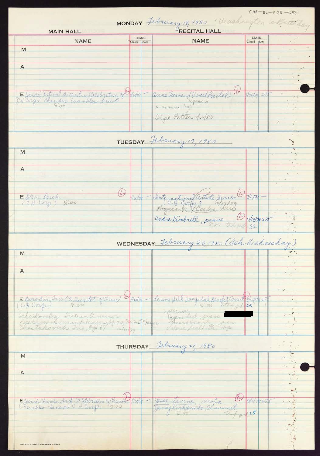 Carnegie Hall Booking Ledger, volume 25, page 50