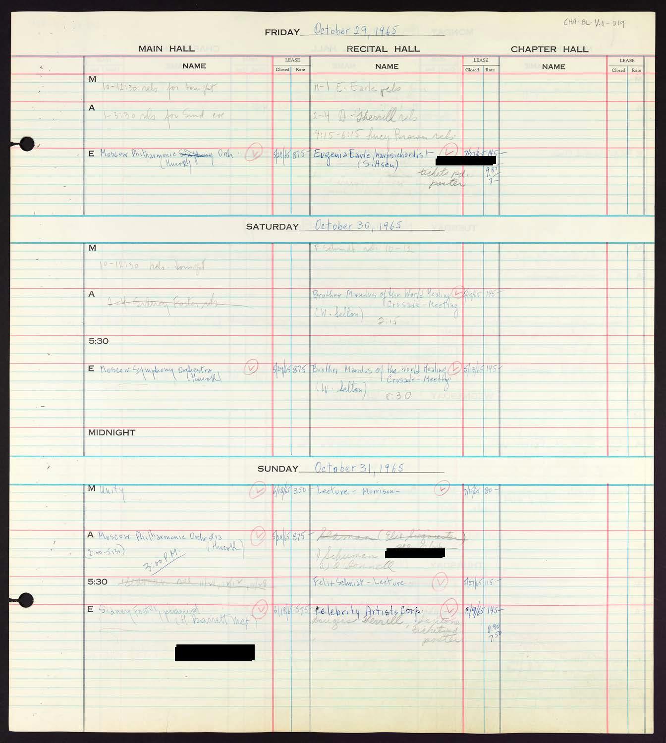 Carnegie Hall Booking Ledger, volume 11, page 19