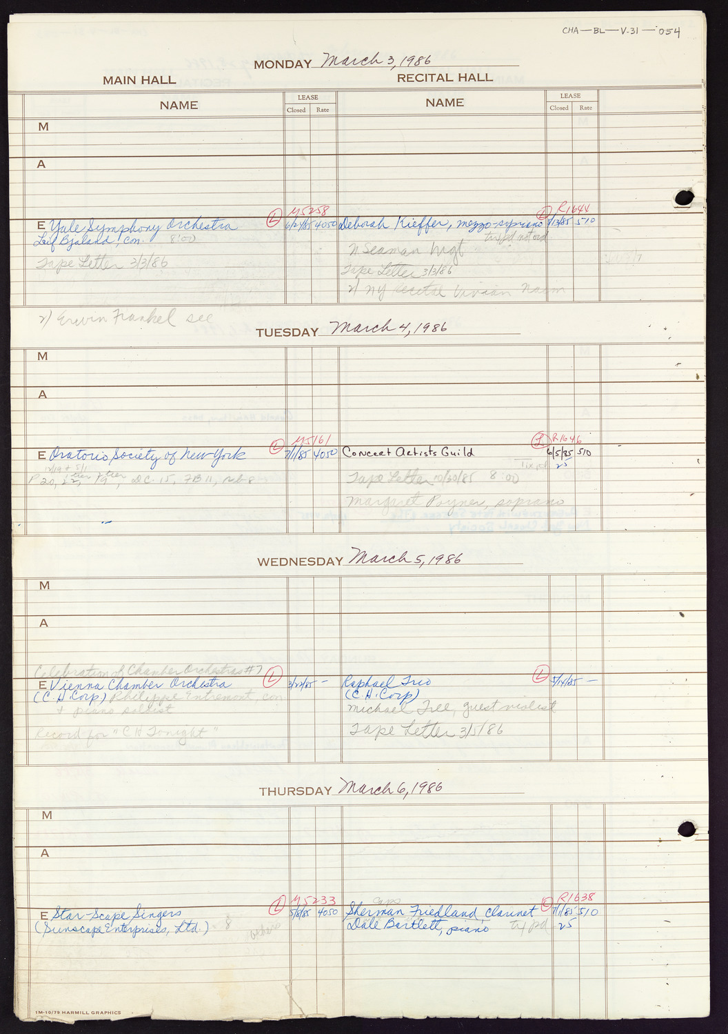 Carnegie Hall Booking Ledger, volume 31, page 54