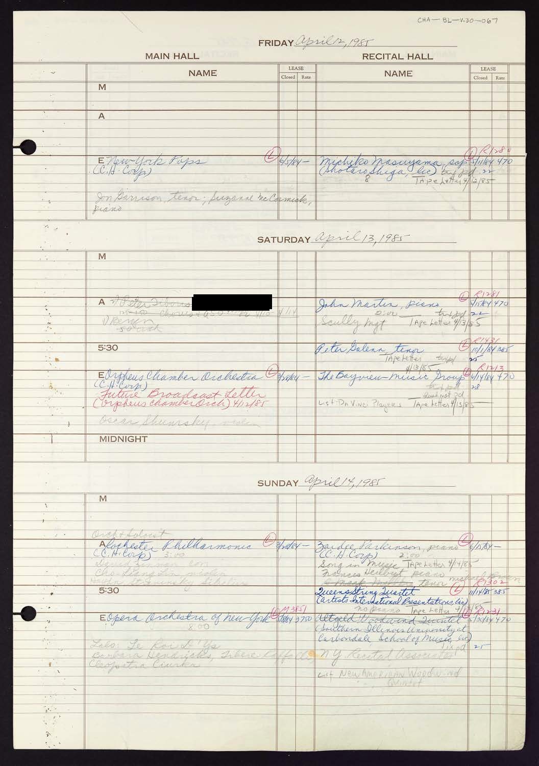 Carnegie Hall Booking Ledger, volume 30, page 67