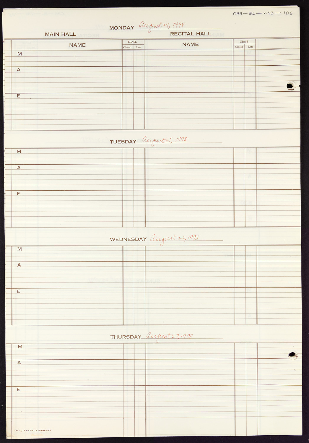 Carnegie Hall Booking Ledger, volume 43, page 106