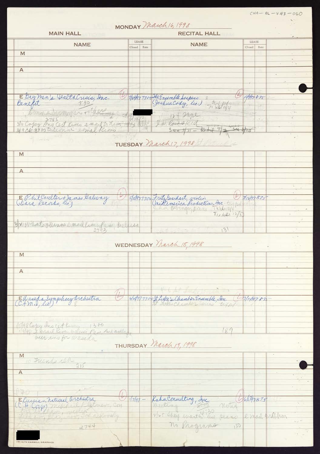 Carnegie Hall Booking Ledger, volume 43, page 60