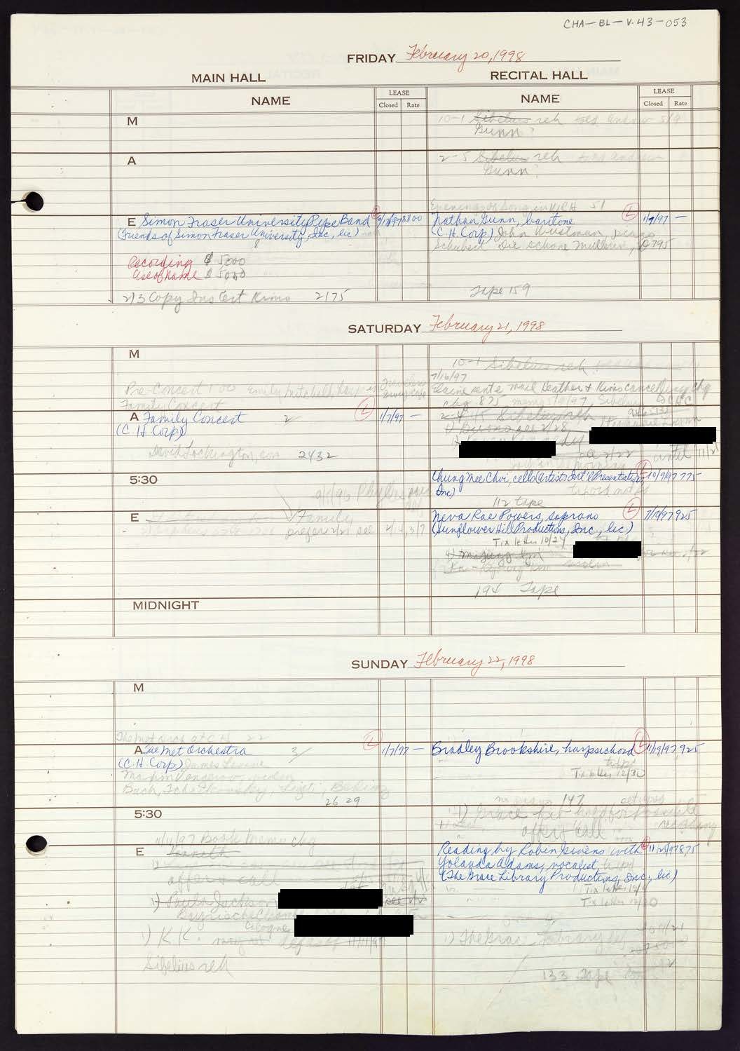 Carnegie Hall Booking Ledger, volume 43, page 53