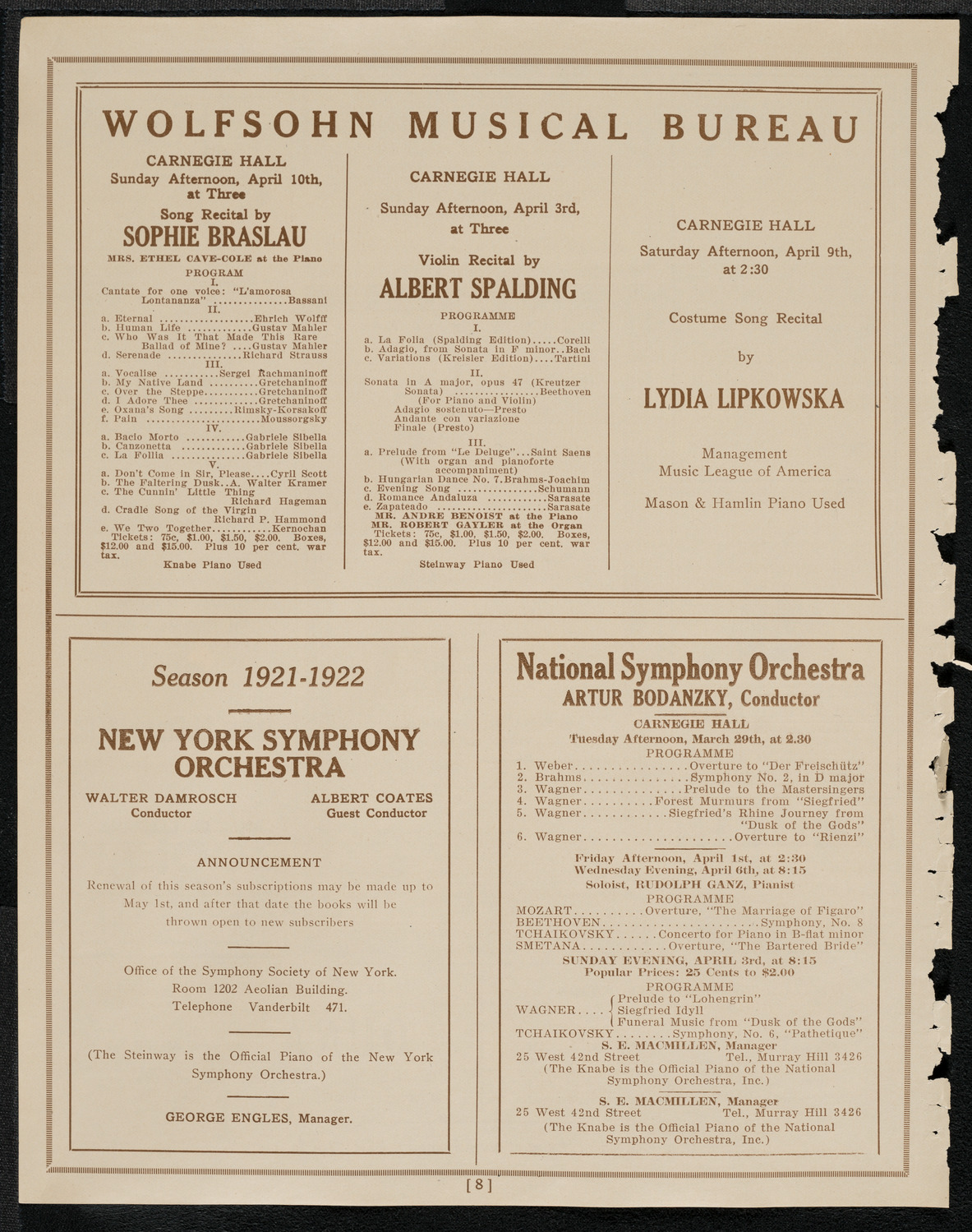 National Symphony Orchestra, March 28, 1921, program page 8