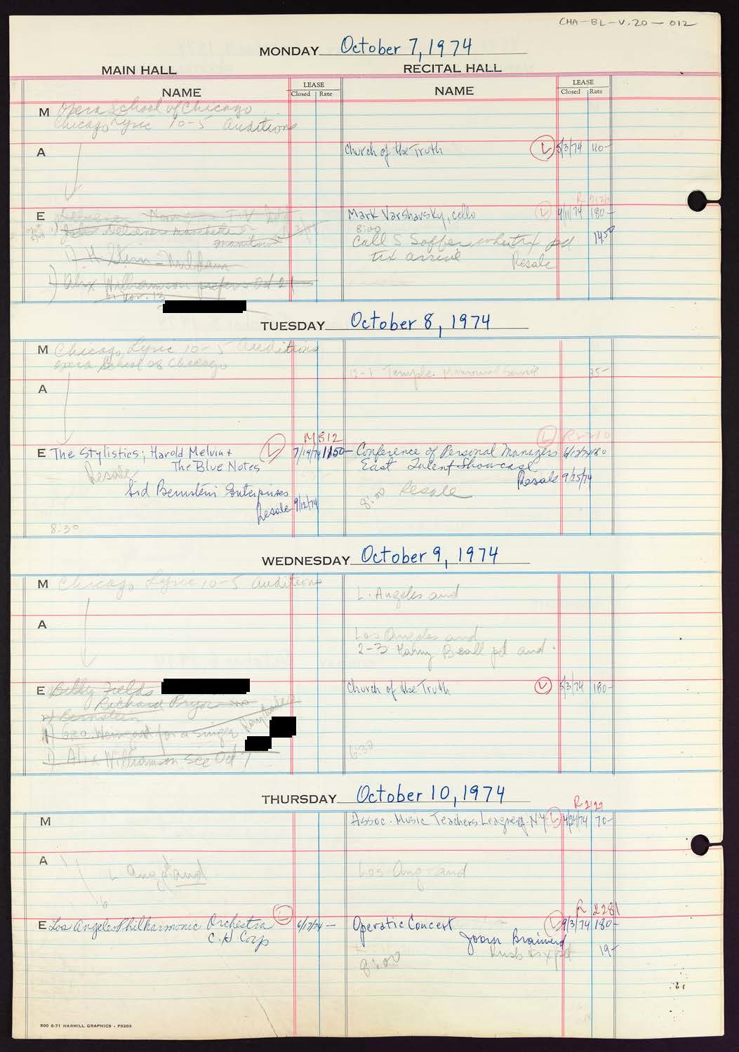 Carnegie Hall Booking Ledger, volume 20, page 12