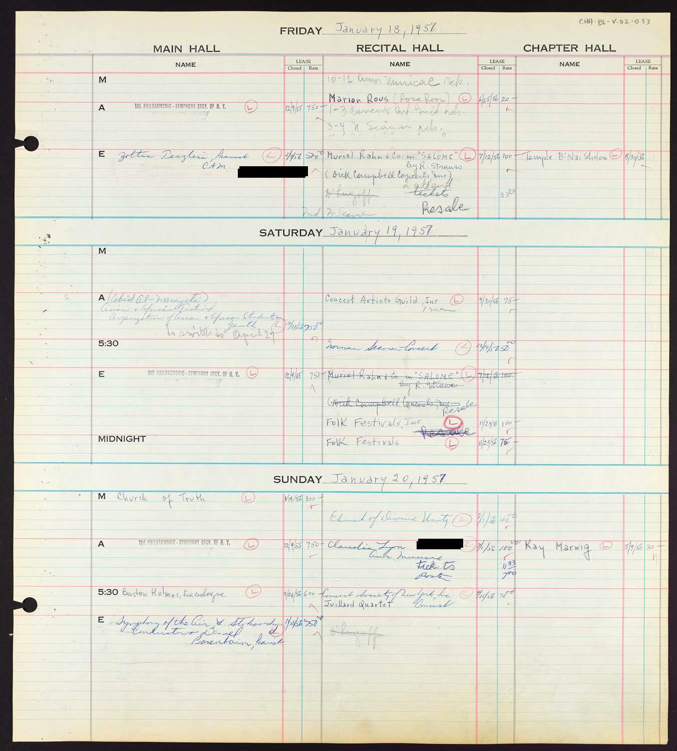 Carnegie Hall Booking Ledger, volume 2, page 33