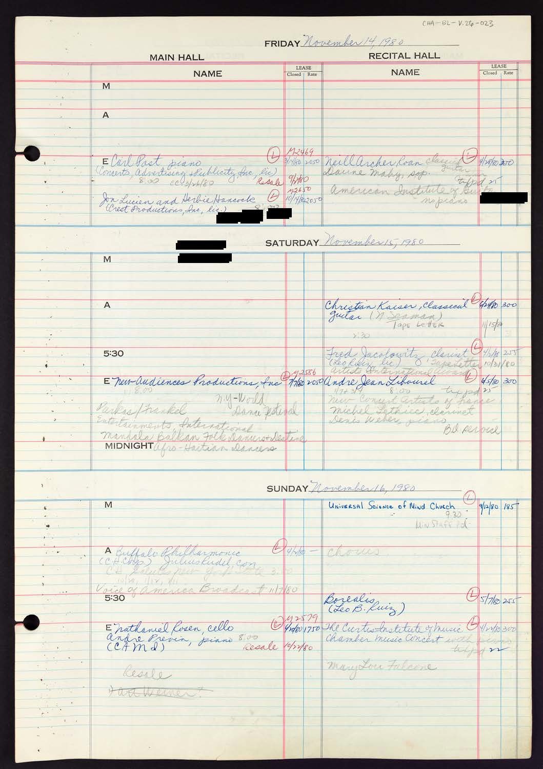 Carnegie Hall Booking Ledger, volume 26, page 23