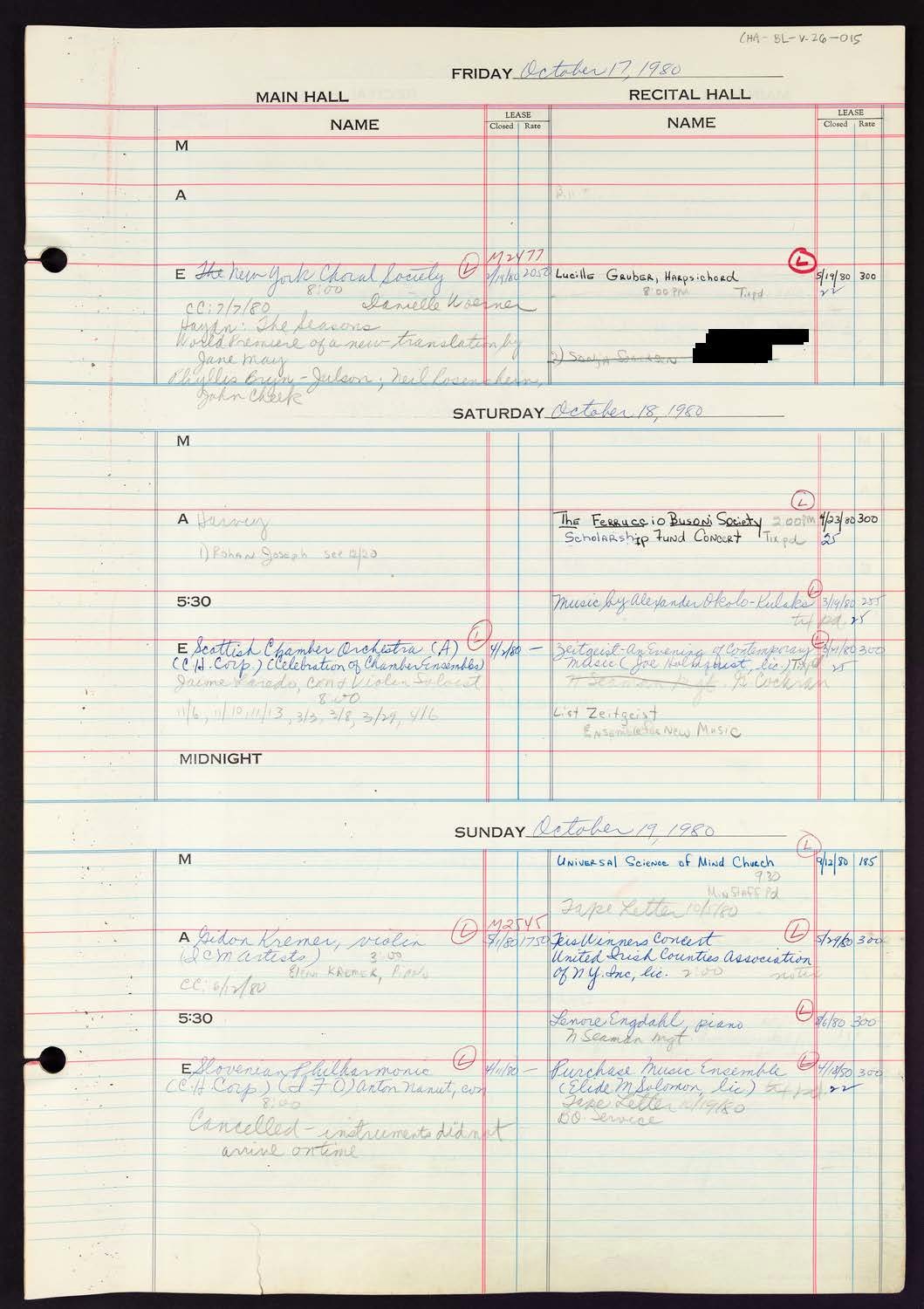 Carnegie Hall Booking Ledger, volume 26, page 15