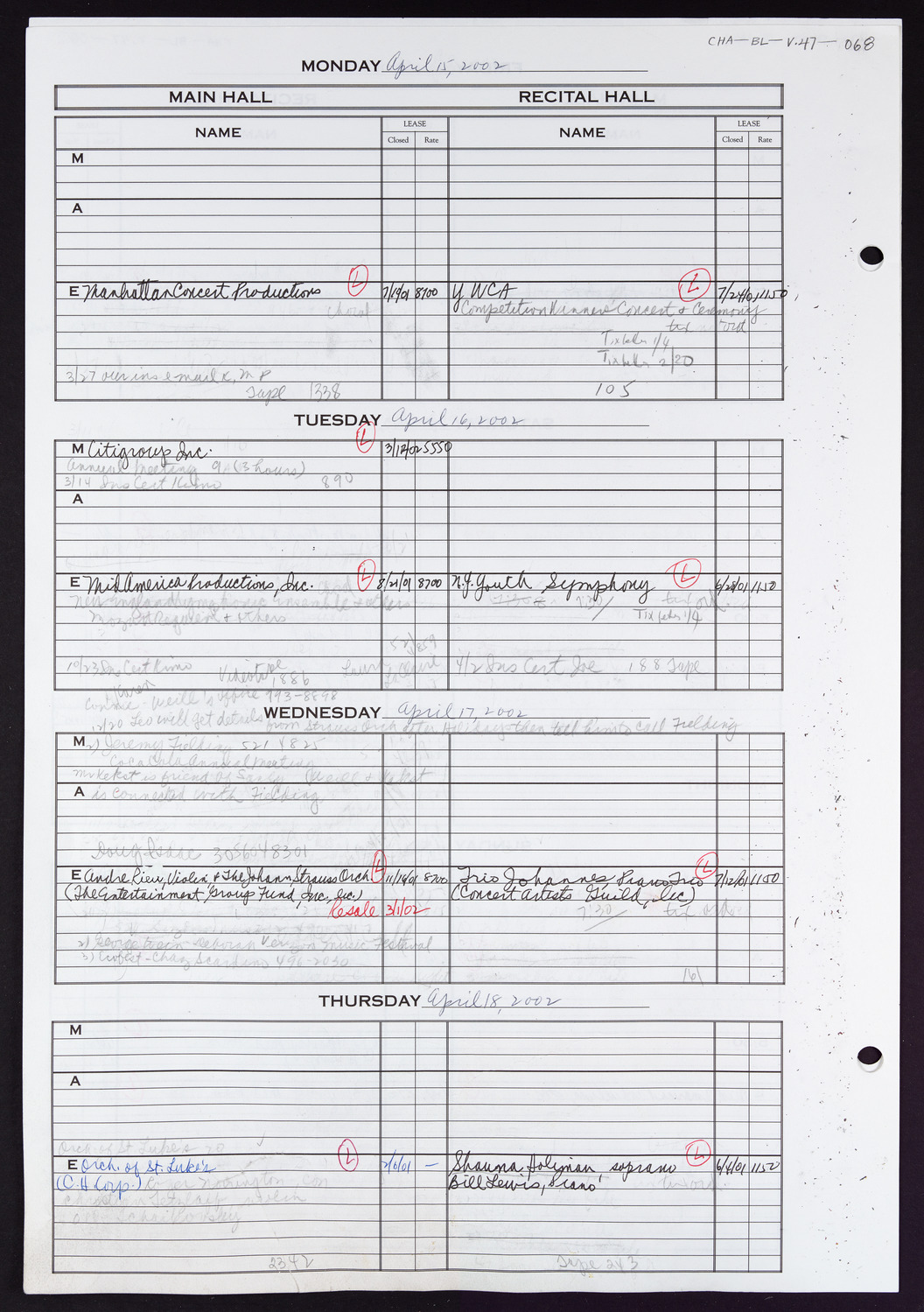 Carnegie Hall Booking Ledger, volume 47, page 68