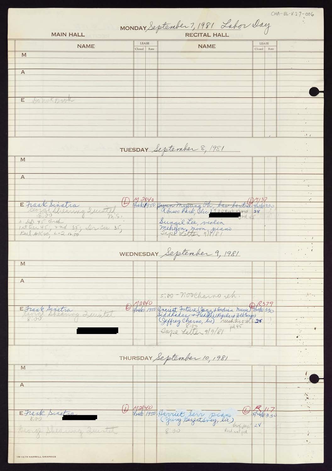 Carnegie Hall Booking Ledger, volume 27, page 6