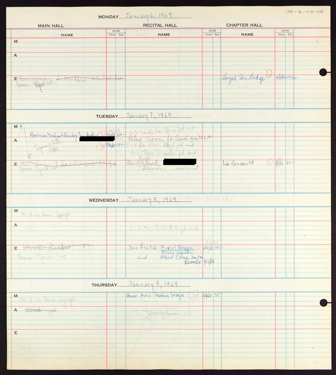 Carnegie Hall Booking Ledger, volume 14, page 38