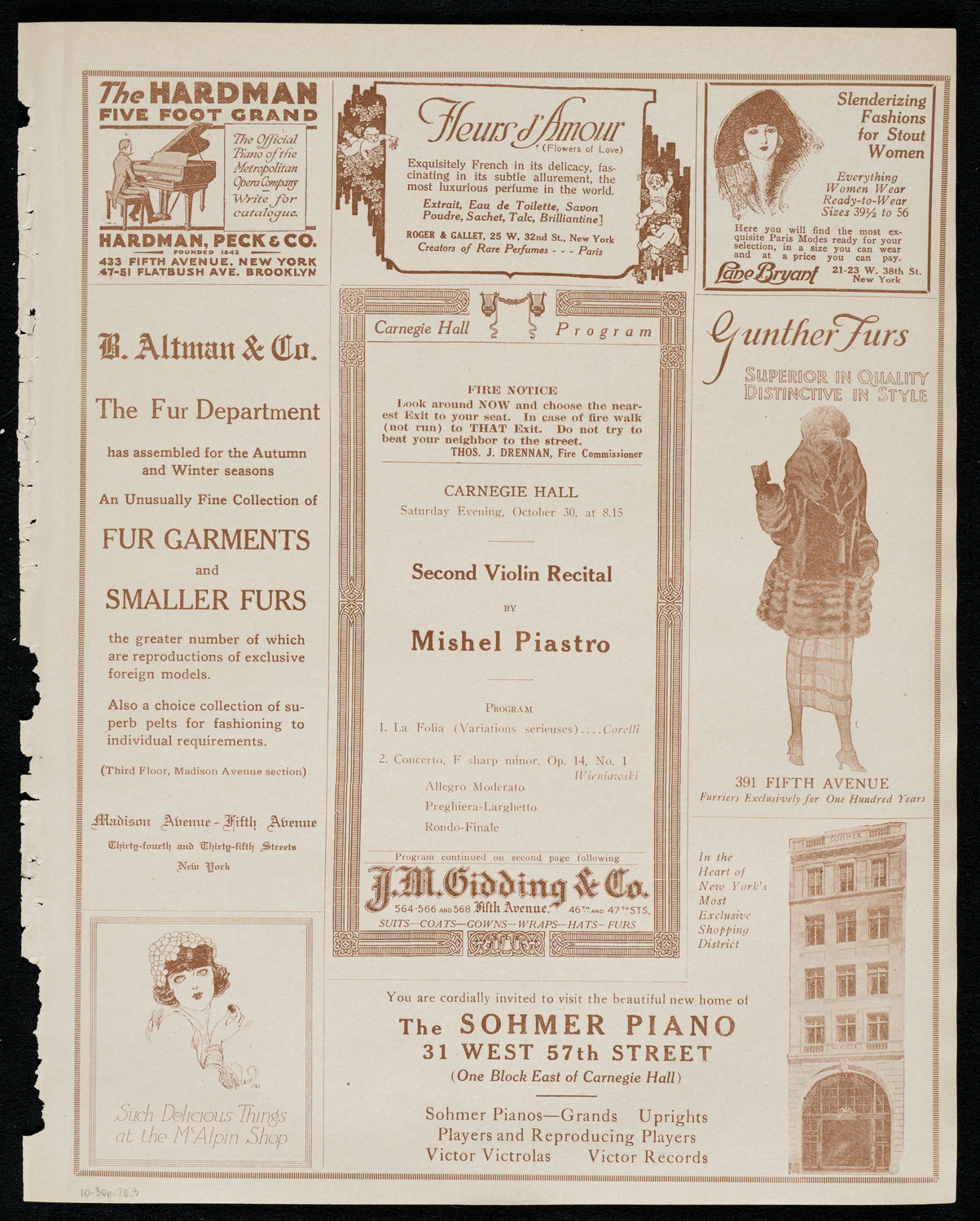 Mishel Piastro, Violin, October 30, 1920, program page 5