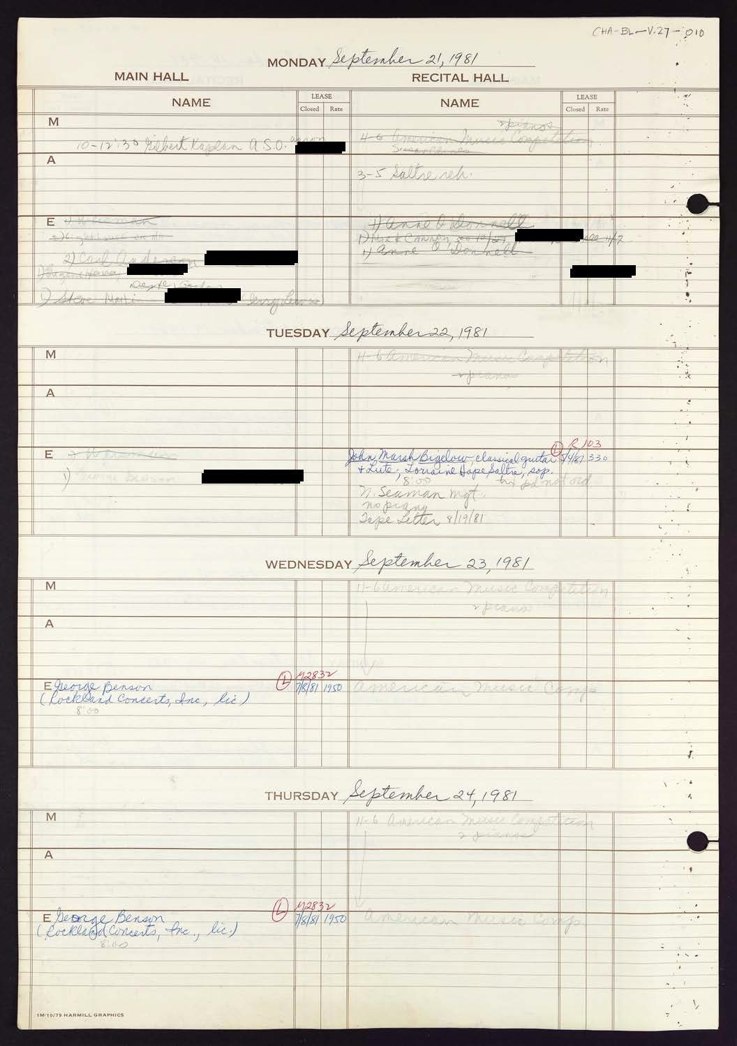 Carnegie Hall Booking Ledger, volume 27, page 10