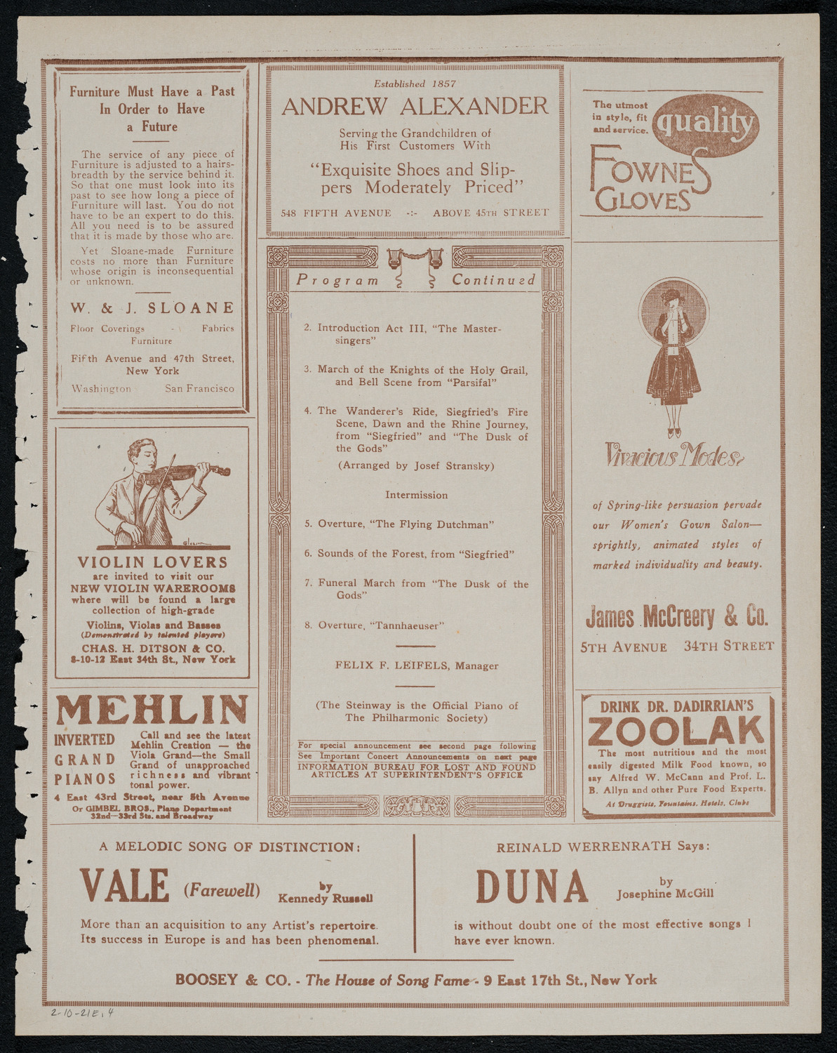 New York Philharmonic, February 10, 1921, program page 7