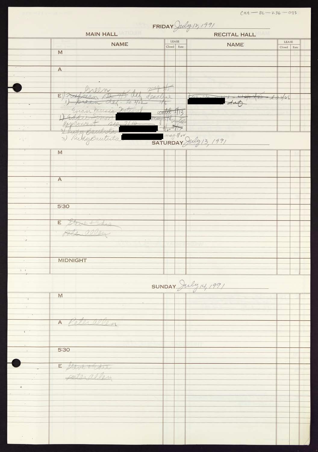 Carnegie Hall Booking Ledger, volume 36, page 93