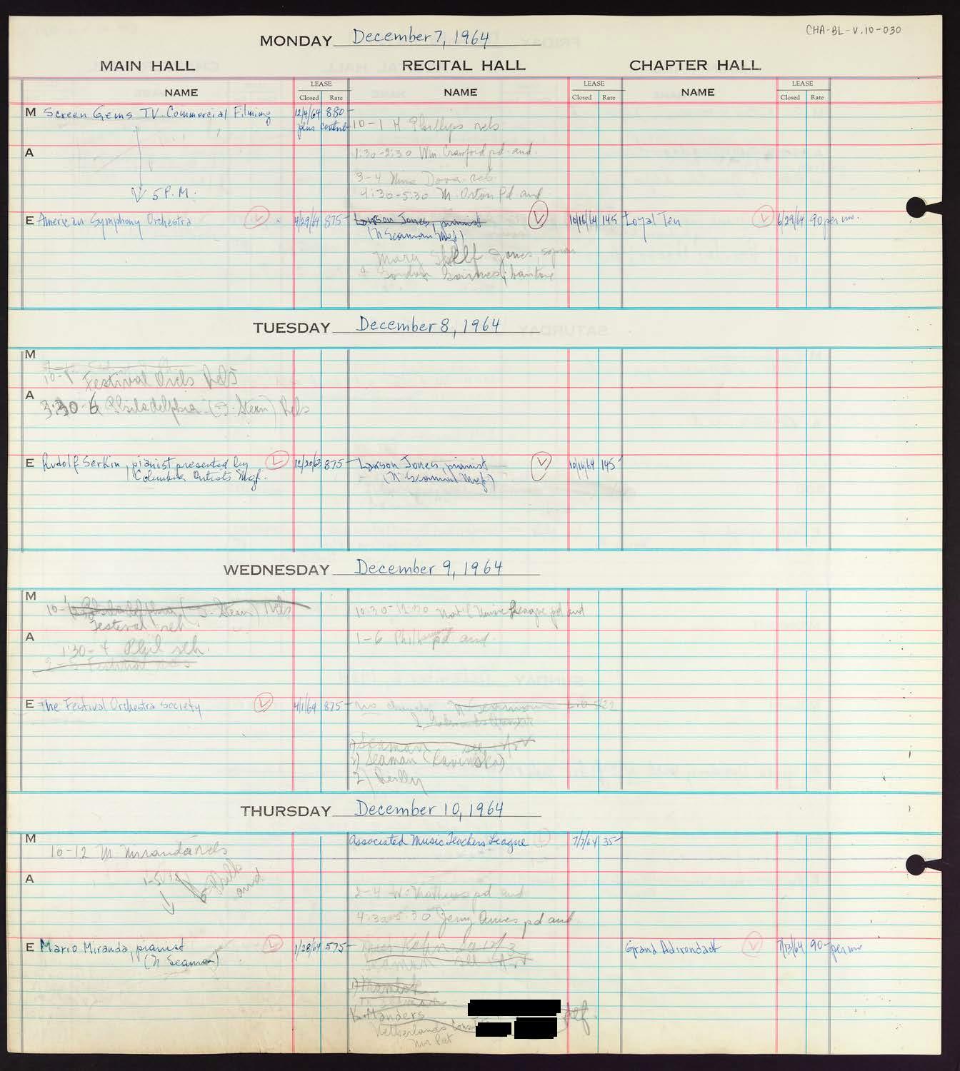 Carnegie Hall Booking Ledger, volume 10, page 30