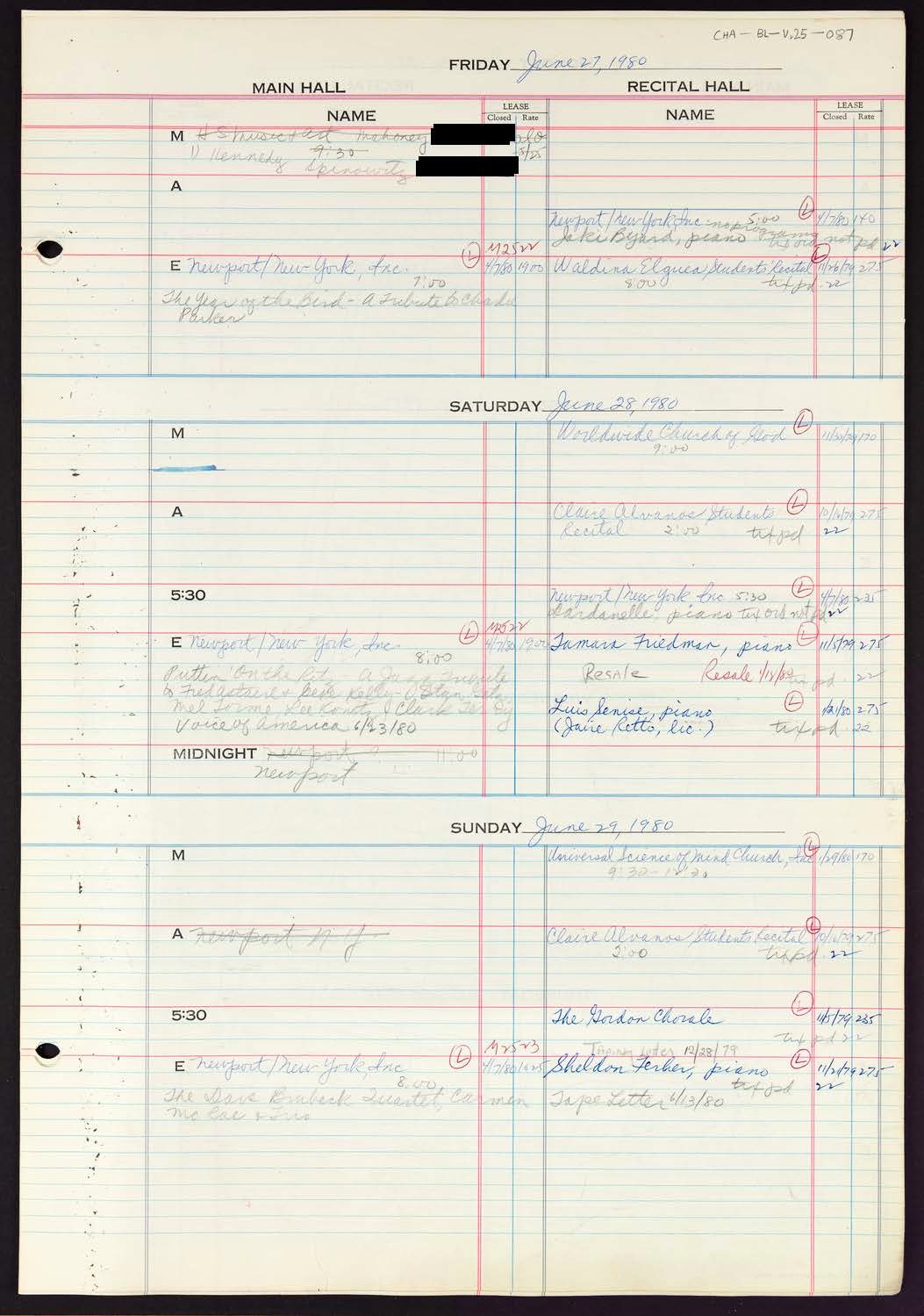 Carnegie Hall Booking Ledger, volume 25, page 87