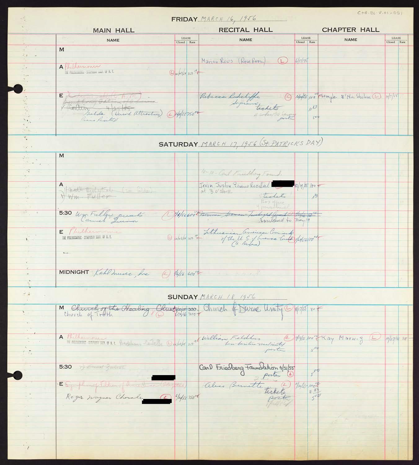 Carnegie Hall Booking Ledger, volume 1, page 51