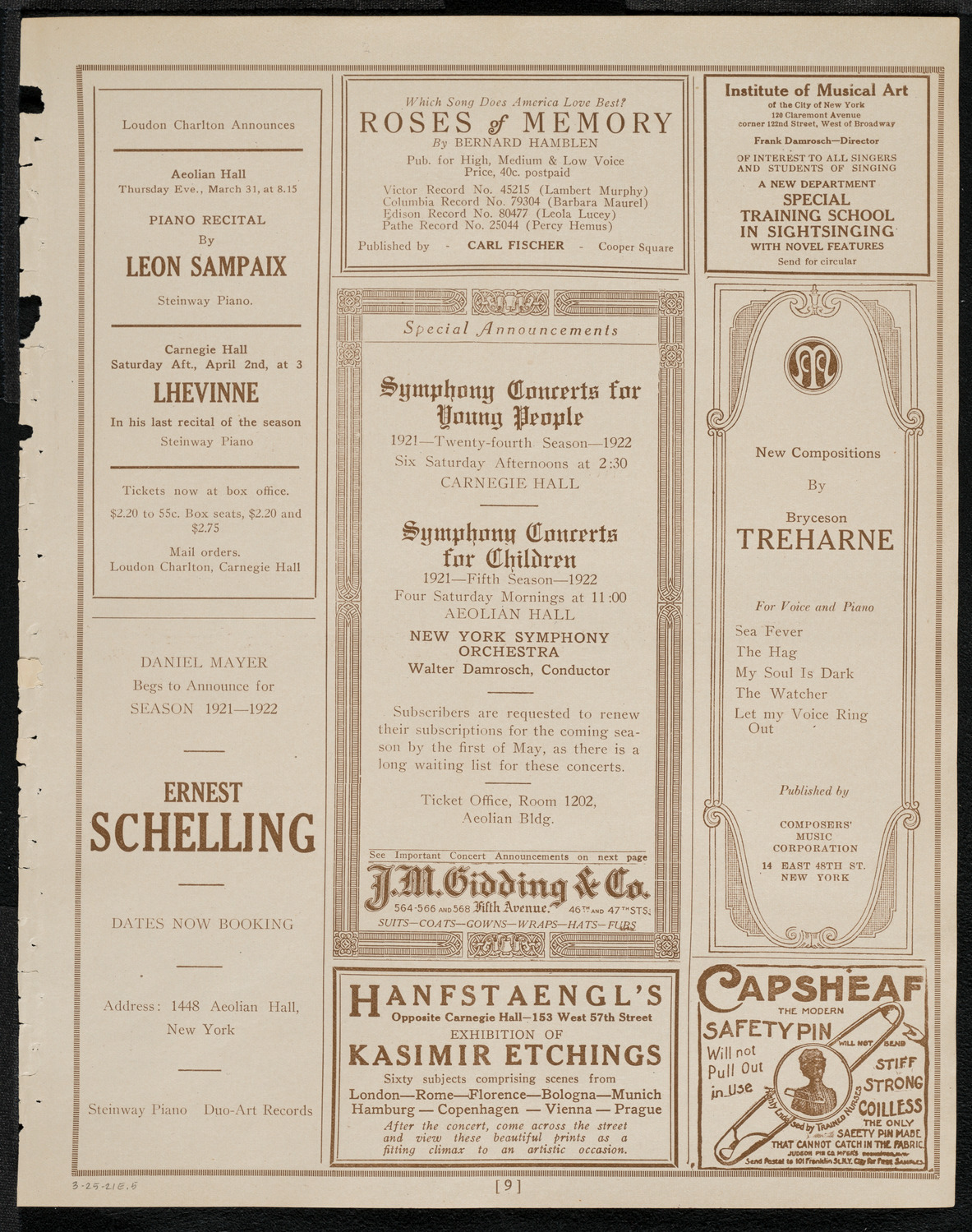 National Symphony Orchestra, March 25, 1921, program page 9