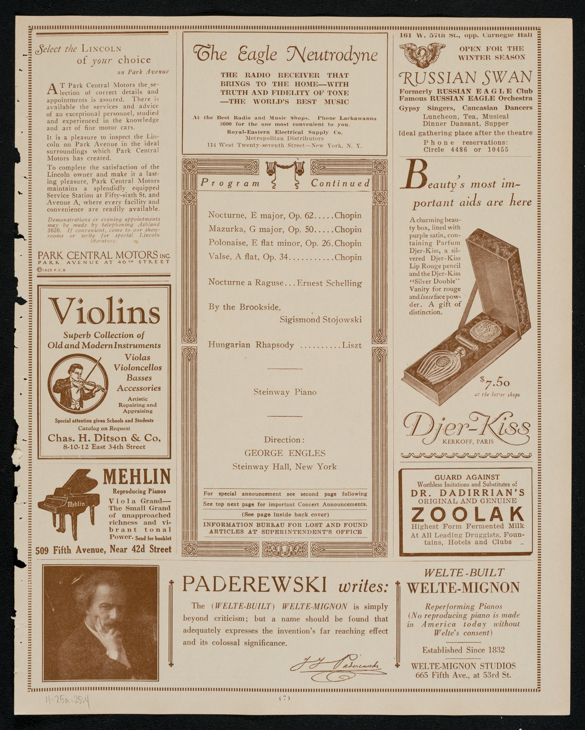 Ignacy Jan Paderewski, Piano, November 25, 1925, program page 7