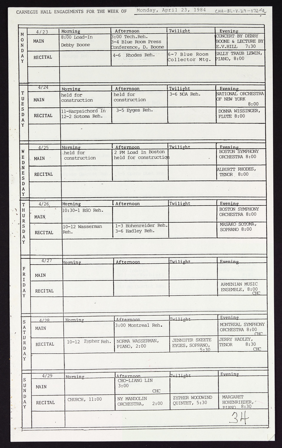 Carnegie Hall Booking Ledger, volume 29, page 72a