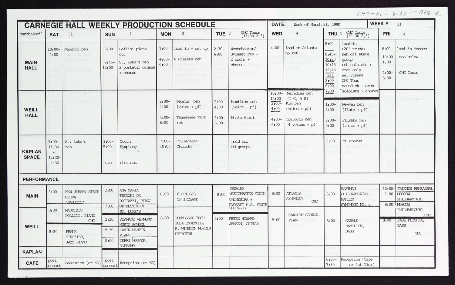 Carnegie Hall Booking Ledger, volume 35, page 63a