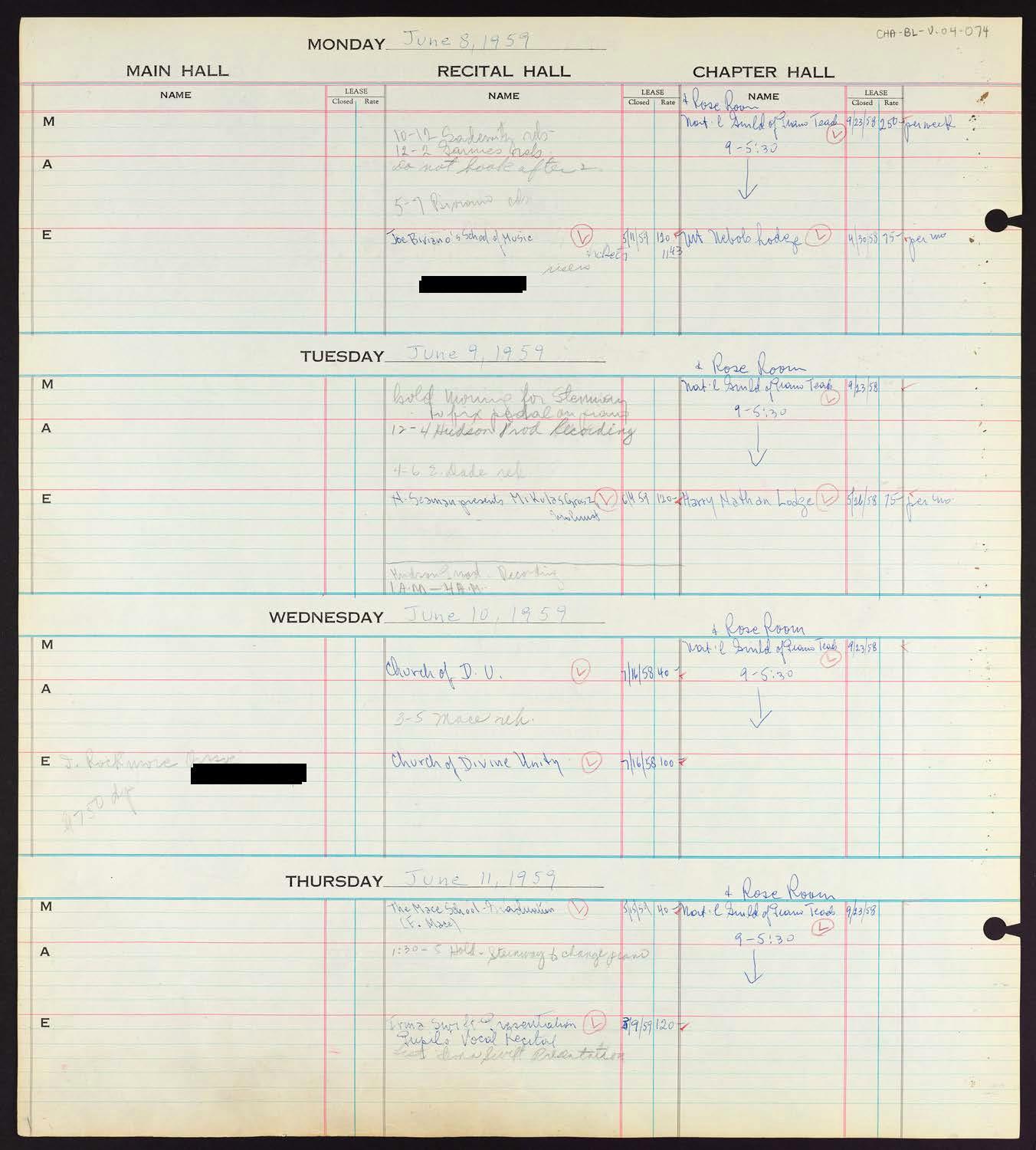 Carnegie Hall Booking Ledger, volume 4, page 74