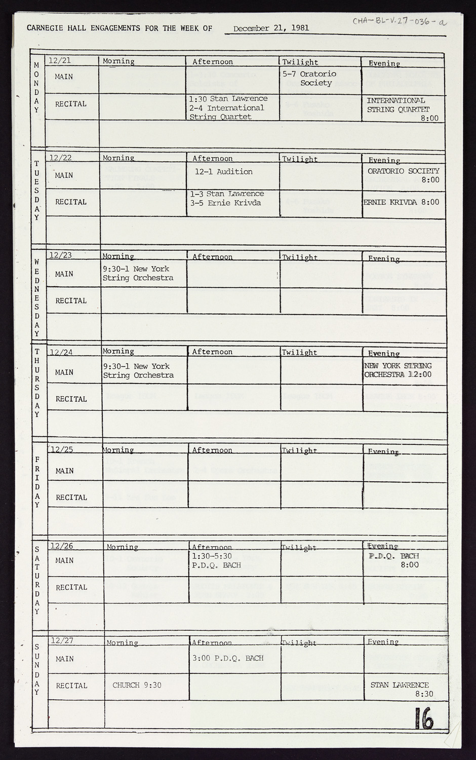 Carnegie Hall Booking Ledger, volume 27, page 36a