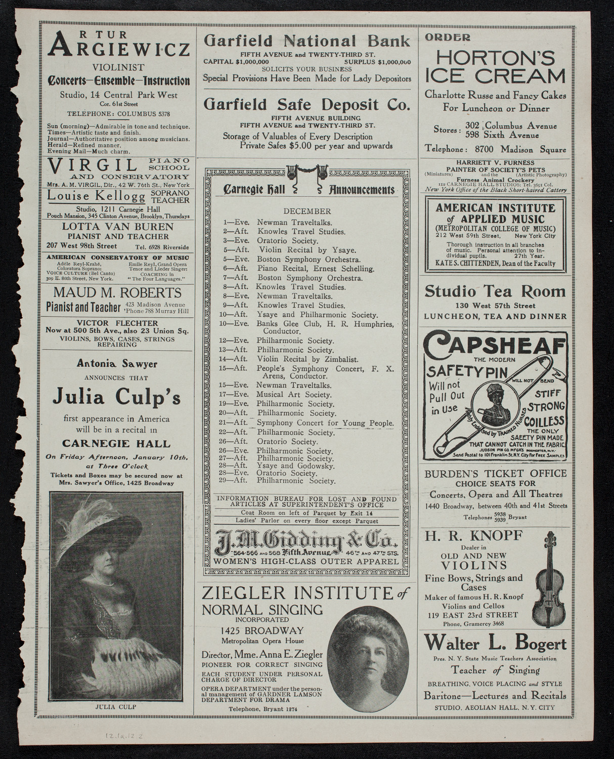 New York Philharmonic, December 1, 1912, program page 3