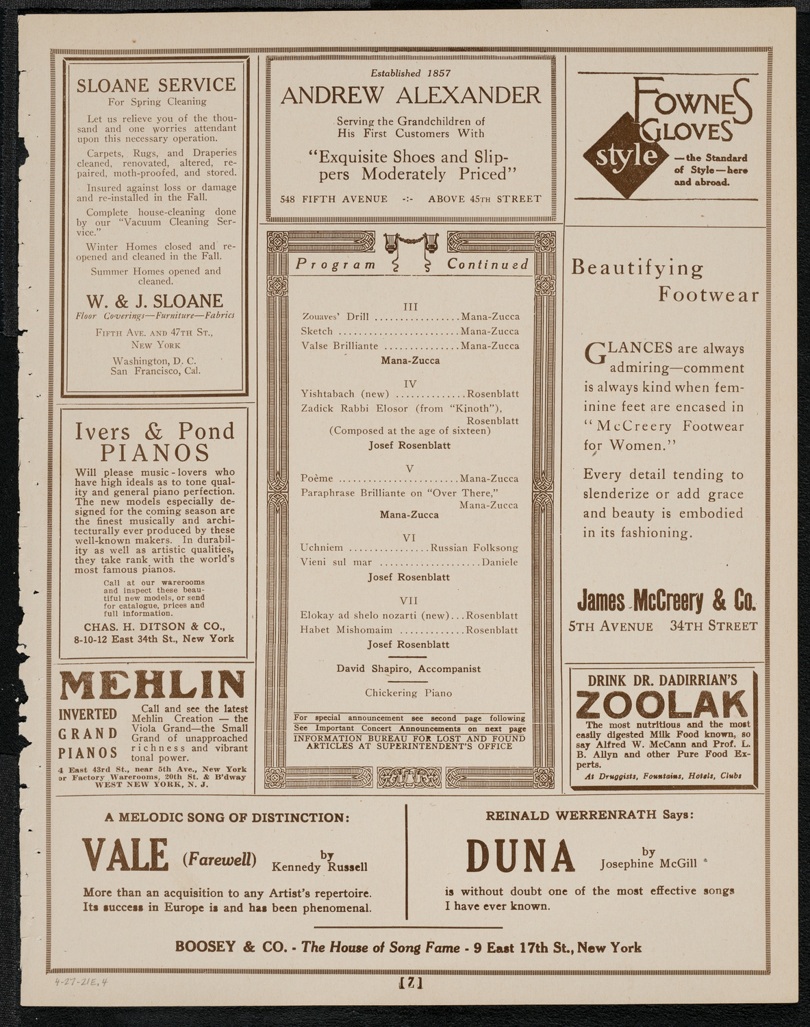 Josef Rosenblatt, Tenor and Mana Zucca, Composer and Pianist, April 27, 1921, program page 7