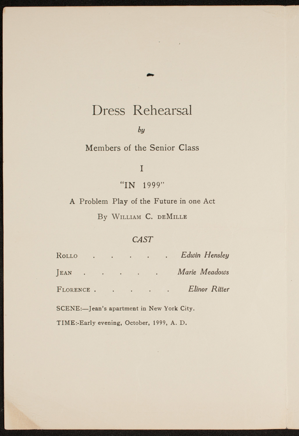 American Academy of Dramatic Arts/Empire Theatre Dramatic School Dress Rehearsal, October 30, 1919, program page 2