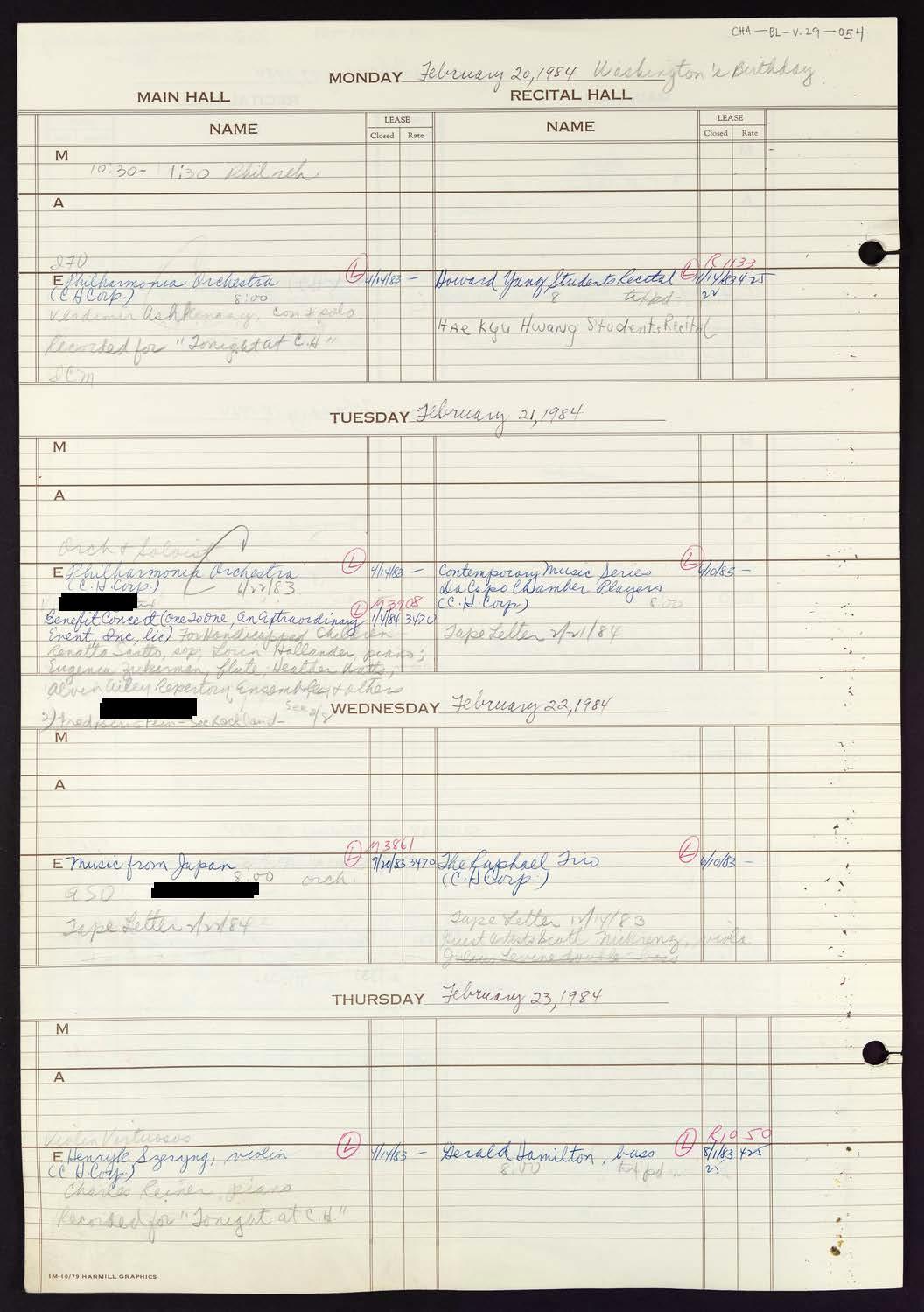 Carnegie Hall Booking Ledger, volume 29, page 54