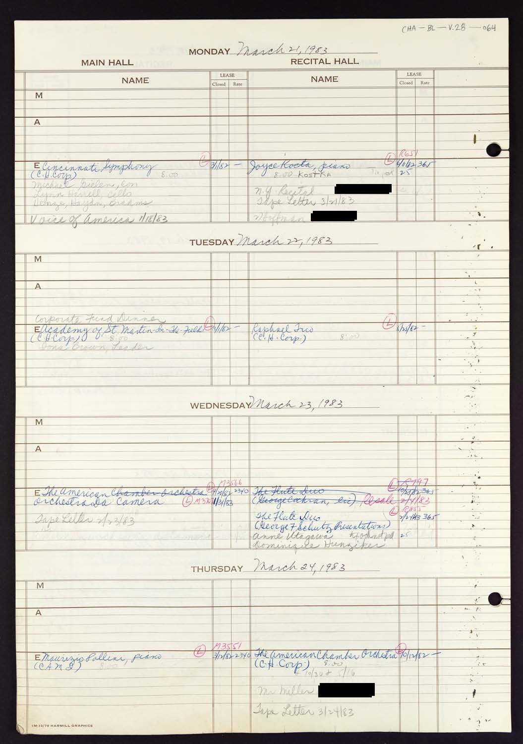 Carnegie Hall Booking Ledger, volume 28, page 64