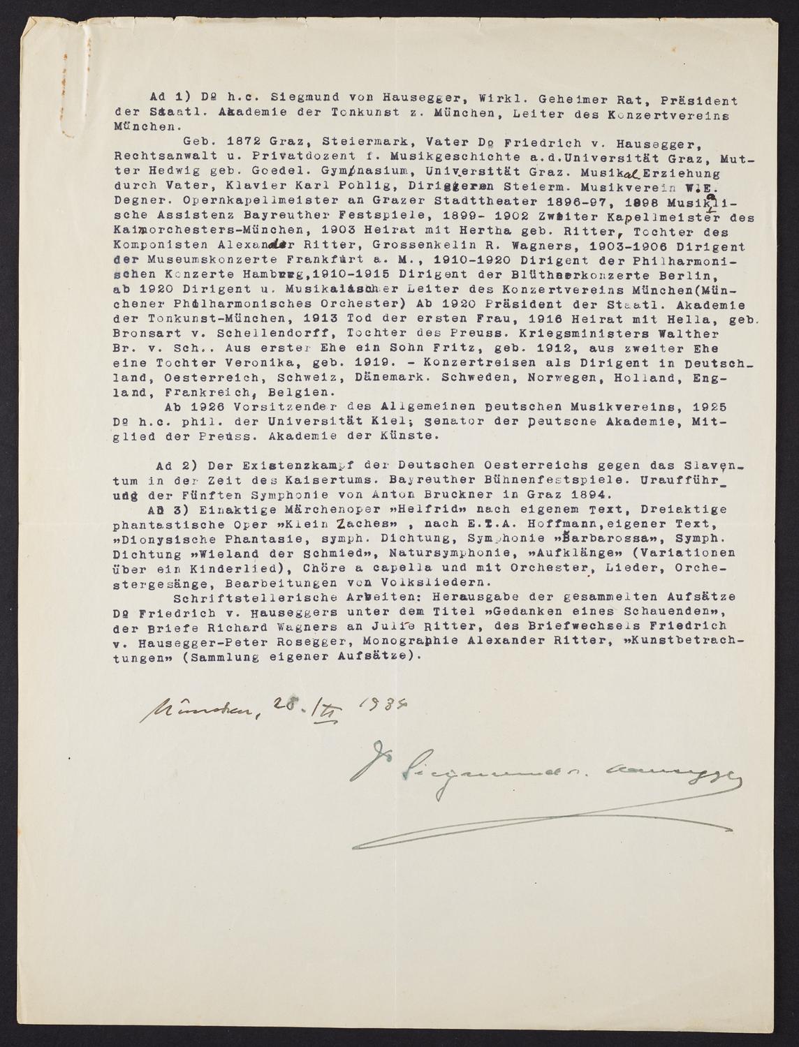 Correspondence from Sigmund von Hausegger to David Ewen