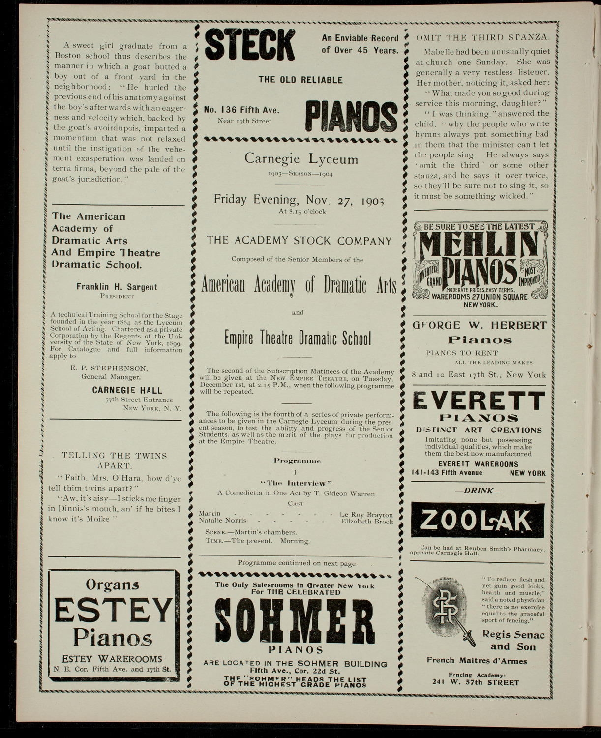 Academy Stock Company of the American Academy of Dramatic Arts/Empire Theatre Dramatic School, November 27, 1903, program page 2