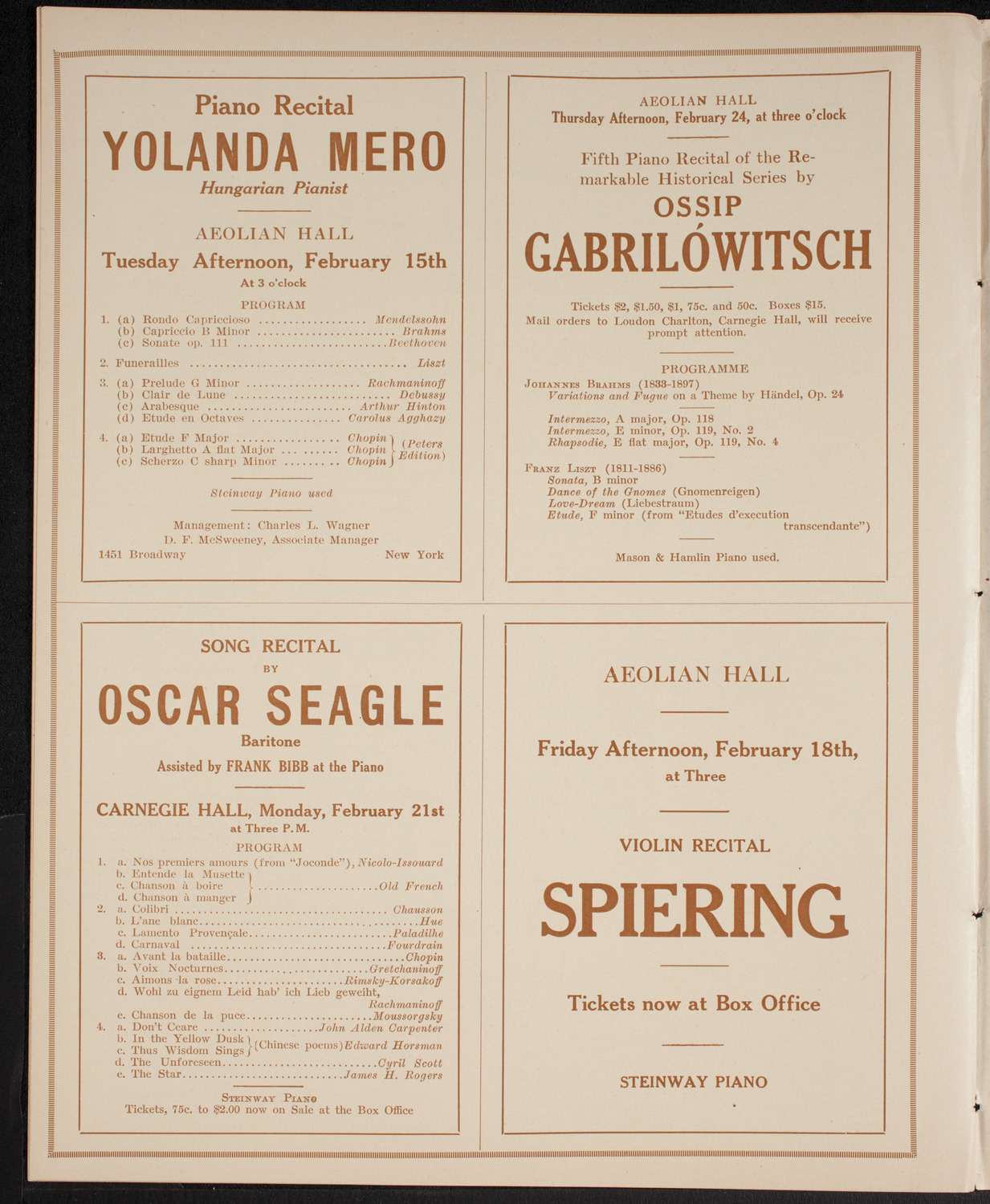 Mischa Elman, Violin, February 12, 1916, program page 10